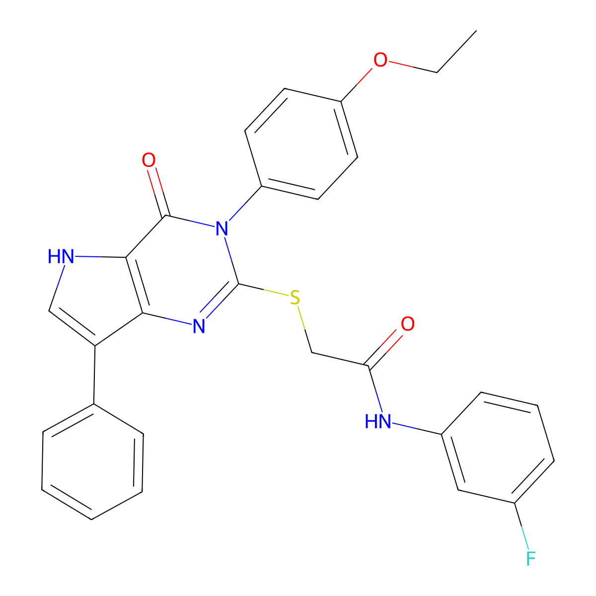 2-((3-(4-ethoxyphenyl)-4-oxo-7-phenyl-4,5-dihydro-3H-pyrrolo[3,2-d]pyrimidin-2-yl)thio)-N-(3-fluorophenyl)acetamide molecular structure, CAS 2034573-98-1