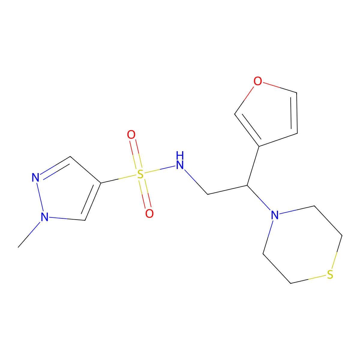 N-(2-(furan-3-yl)-2-thiomorpholinoethyl)-1-methyl-1H-pyrazole-4-sulfonamide molecular structure, CAS 2034573-99-2