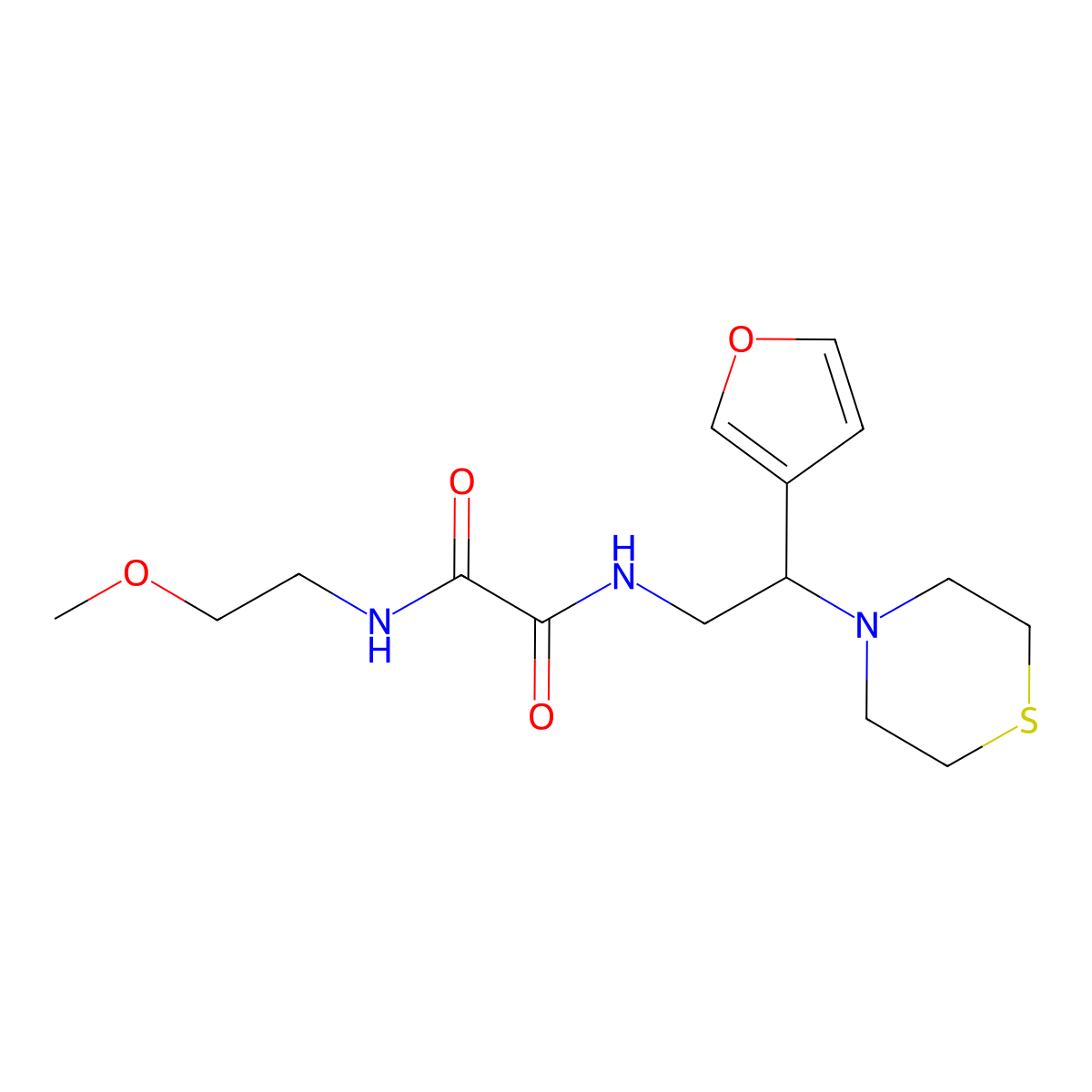N'-[2-(furan-3-yl)-2-(thiomorpholin-4-yl)ethyl]-N-(2-methoxyethyl)ethanediamide molecular structure, CAS 2034574-02-0
