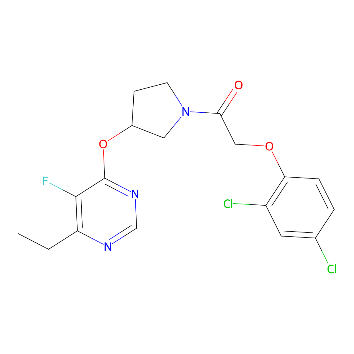 2-(2,4-Dichlorophenoxy)-1-(3-((6-ethyl-5-fluoropyrimidin-4-yl)oxy)pyrrolidin-1-yl)ethanone molecular structure, CAS 2034574-14-4