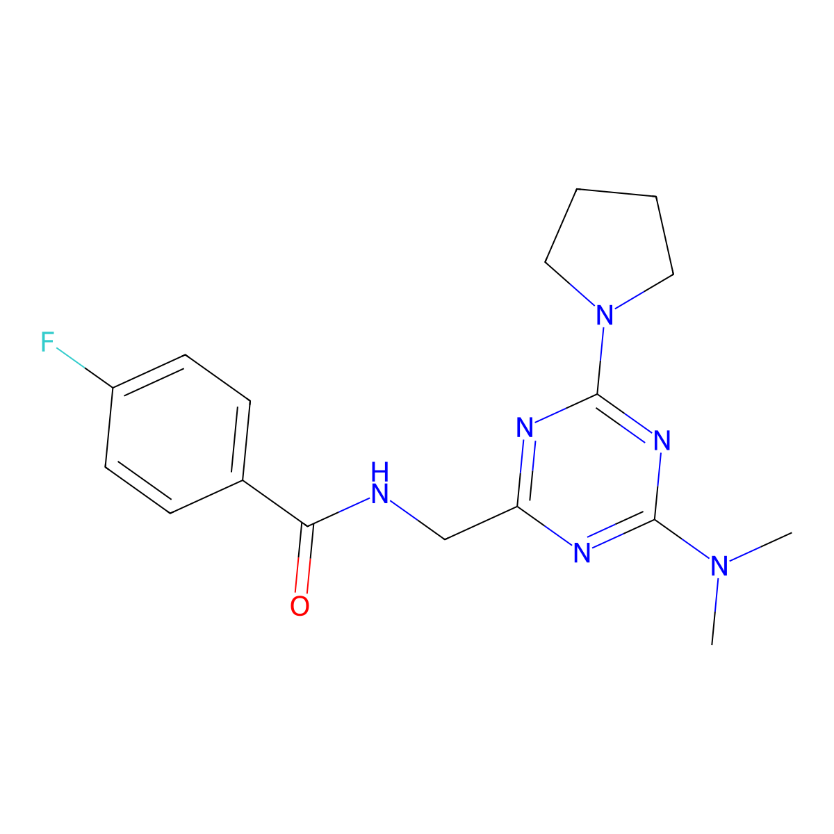 N-{[4-(dimethylamino)-6-(pyrrolidin-1-yl)-1,3,5-triazin-2-yl]methyl}-4-fluorobenzamide molecular structure, CAS 2034574-17-7