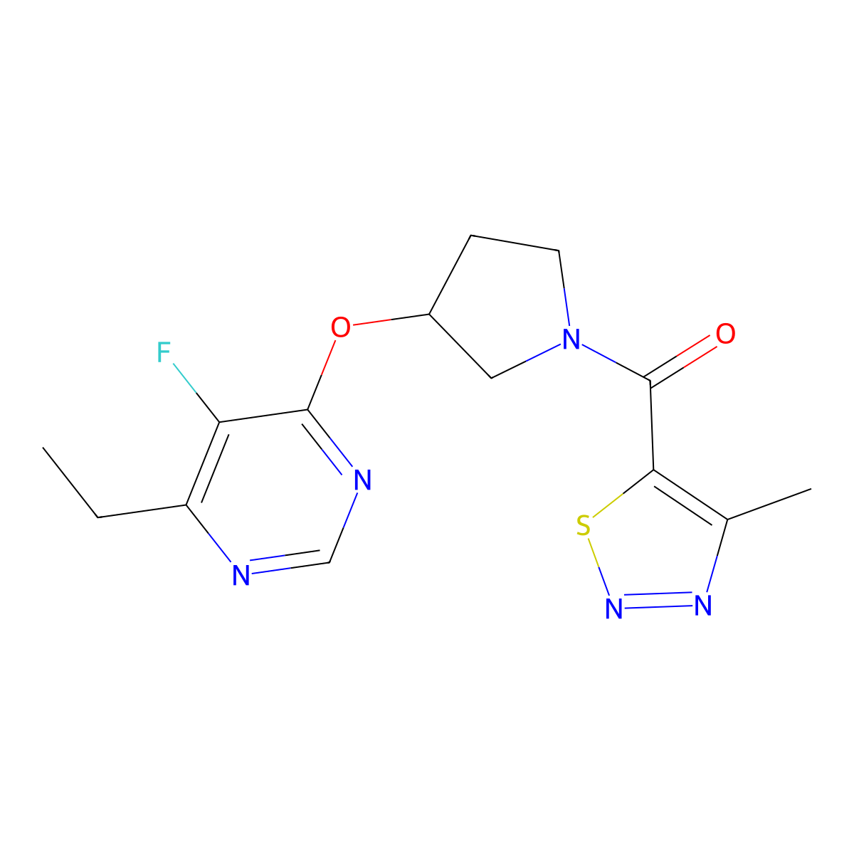(3-((6-Ethyl-5-fluoropyrimidin-4-yl)oxy)pyrrolidin-1-yl)(4-methyl-1,2,3-thiadiazol-5-yl)methanone molecular structure, CAS 2034574-23-5
