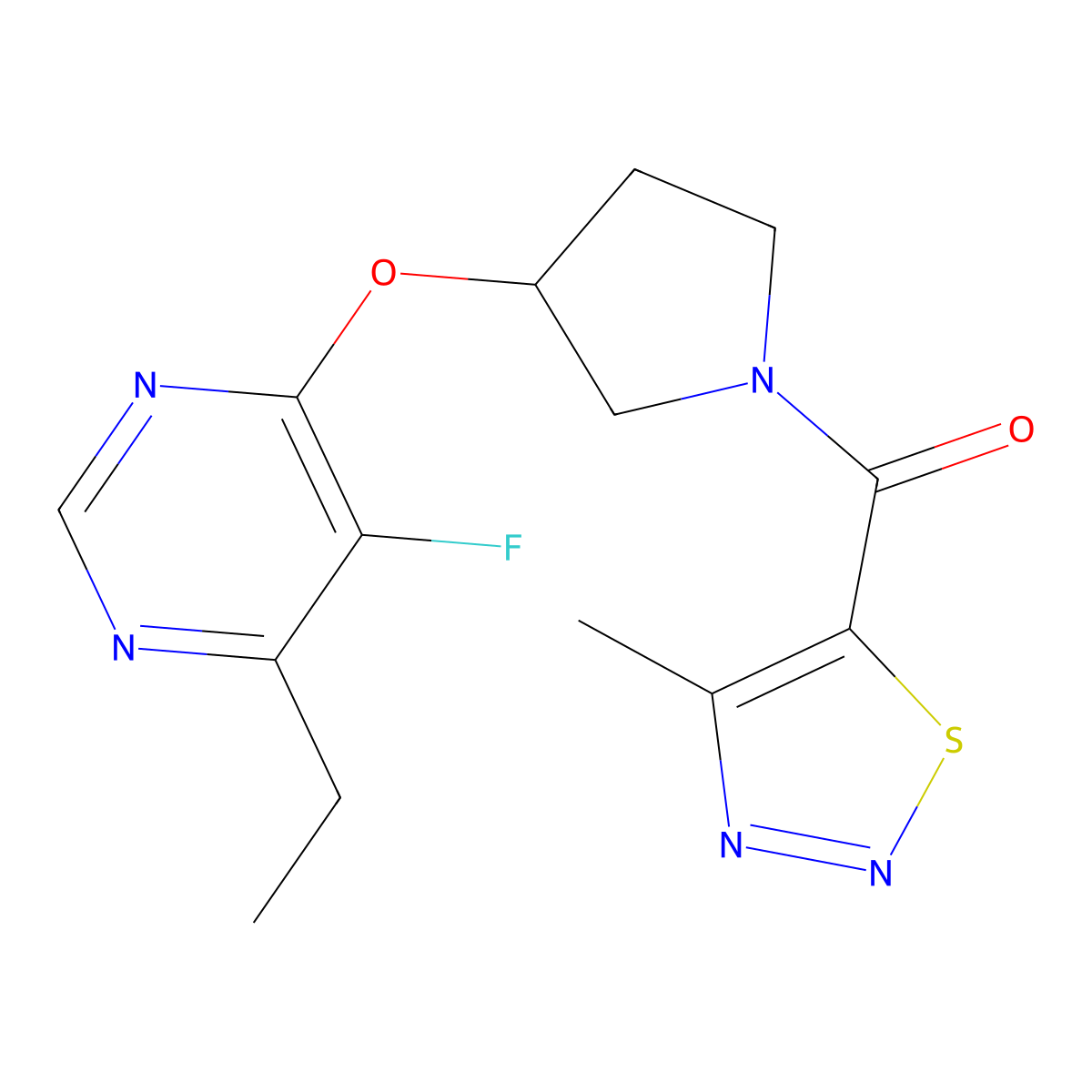 (3-((6-Ethyl-5-fluoropyrimidin-4-yl)oxy)pyrrolidin-1-yl)(4-methyl-1,2,3-thiadiazol-5-yl)methanone molecular structure, CAS 2034574-23-5