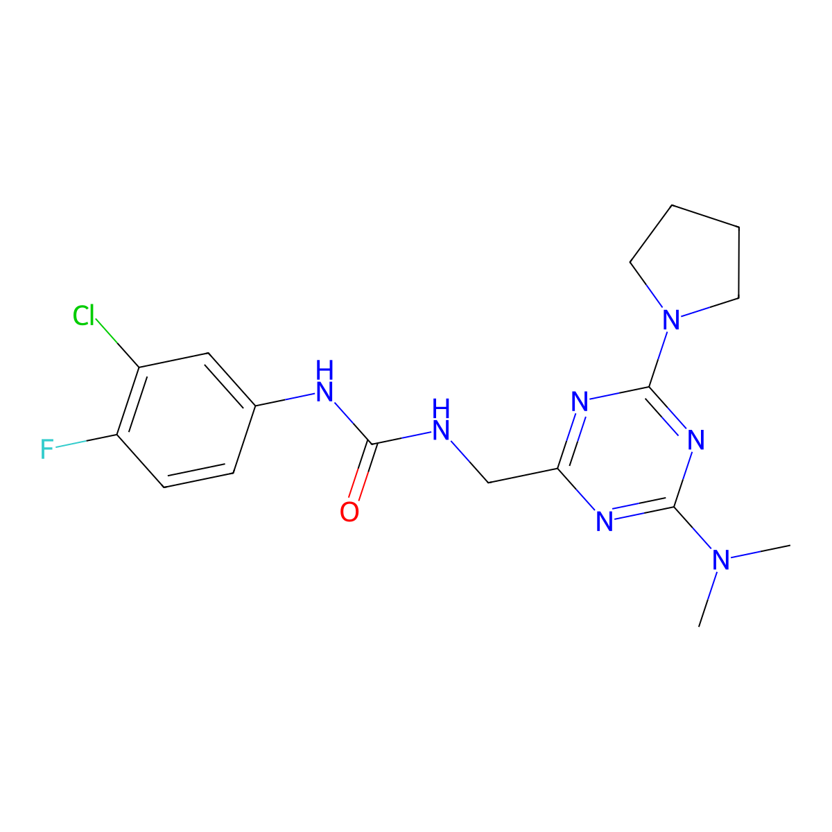 1-(3-Chloro-4-fluorophenyl)-3-{[4-(dimethylamino)-6-(pyrrolidin-1-yl)-1,3,5-triazin-2-yl]methyl}urea molecular structure, CAS 2034574-29-1
