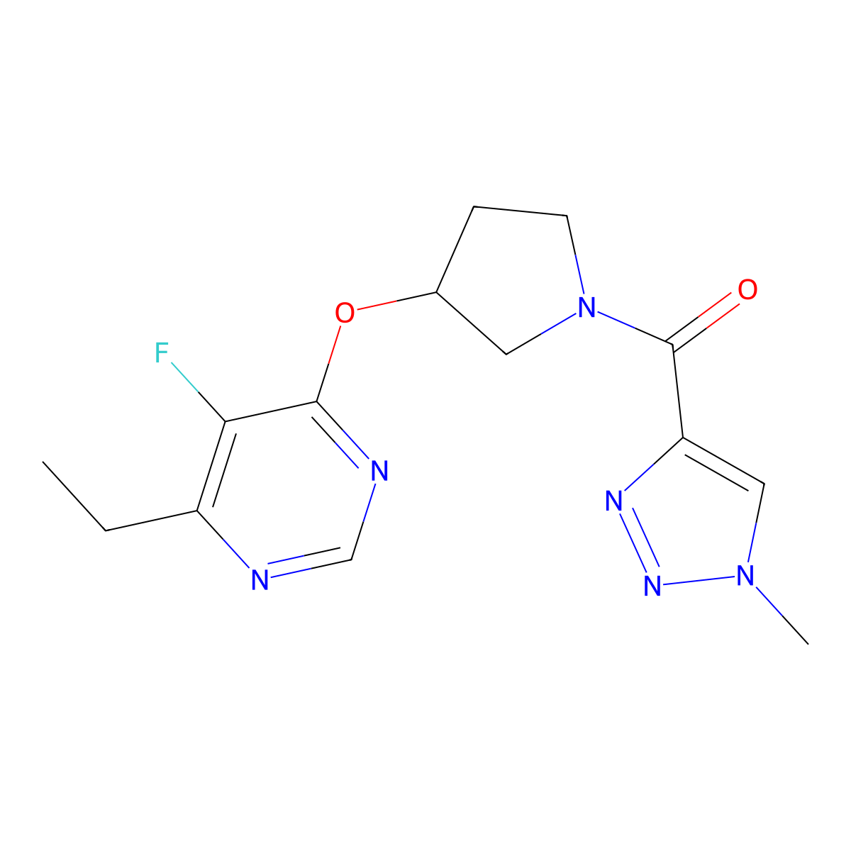 (3-((6-ethyl-5-fluoropyrimidin-4-yl)oxy)pyrrolidin-1-yl)(1-methyl-1H-1,2,3-triazol-4-yl)methanone molecular structure, CAS 2034574-31-5
