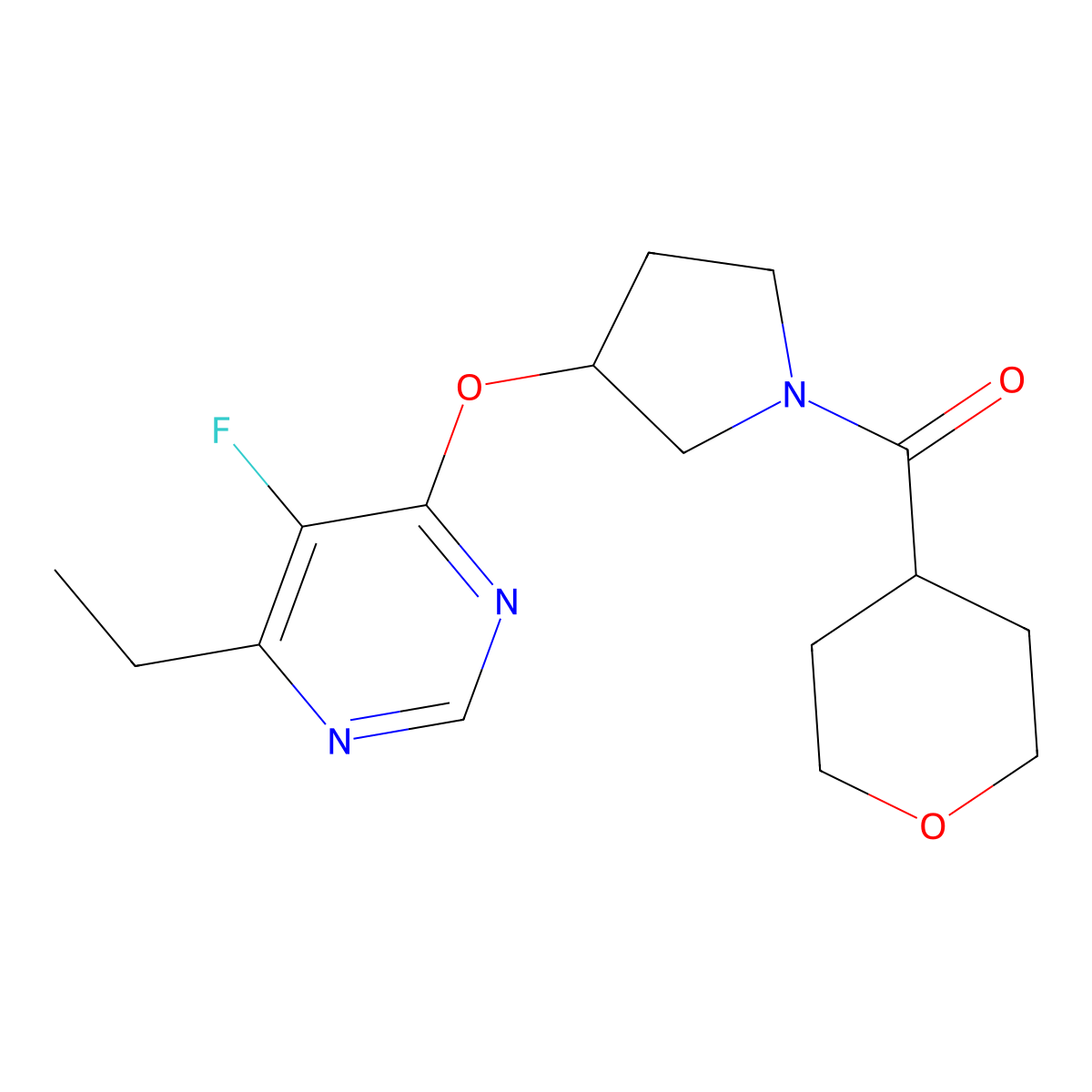 (3-((6-ethyl-5-fluoropyrimidin-4-yl)oxy)pyrrolidin-1-yl)(tetrahydro-2H-pyran-4-yl)methanone molecular structure, CAS 2034574-37-1