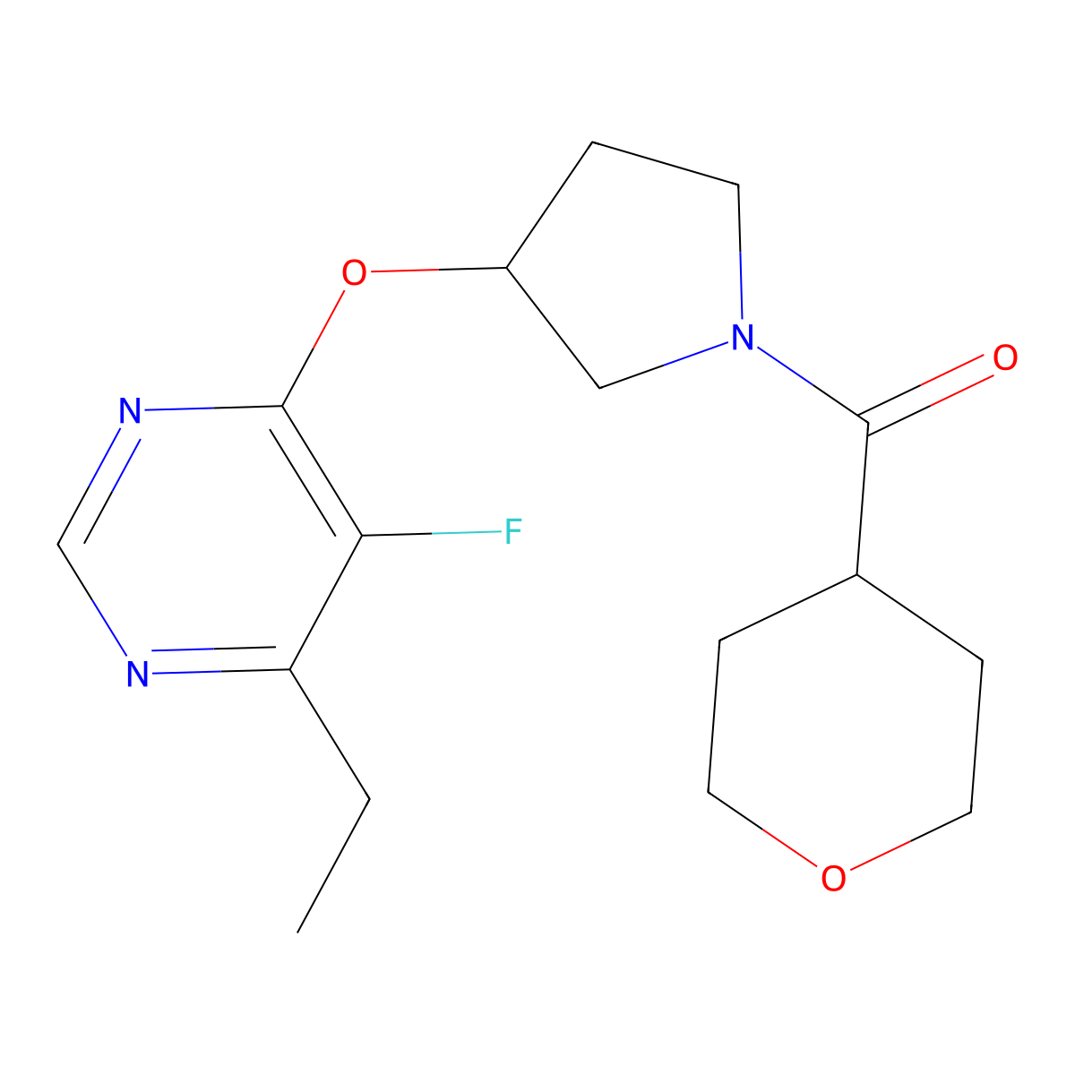 (3-((6-ethyl-5-fluoropyrimidin-4-yl)oxy)pyrrolidin-1-yl)(tetrahydro-2H-pyran-4-yl)methanone molecular structure, CAS 2034574-37-1