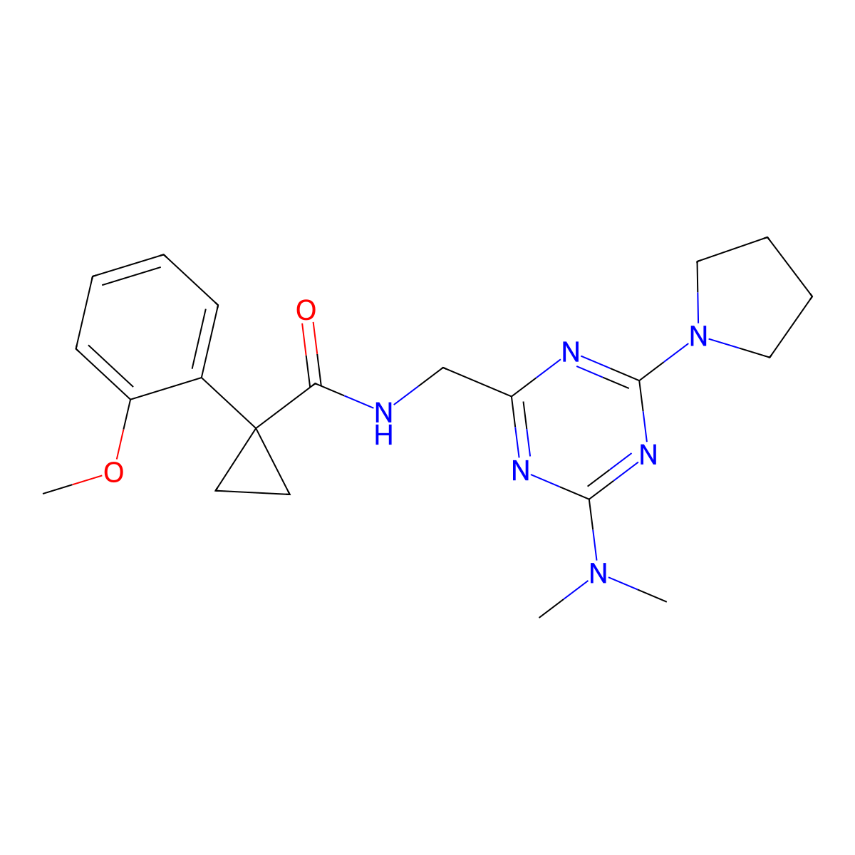 N-((4-(dimethylamino)-6-(pyrrolidin-1-yl)-1,3,5-triazin-2-yl)methyl)-1-(2-methoxyphenyl)cyclopropanecarboxamide molecular structure, CAS 2034574-39-3