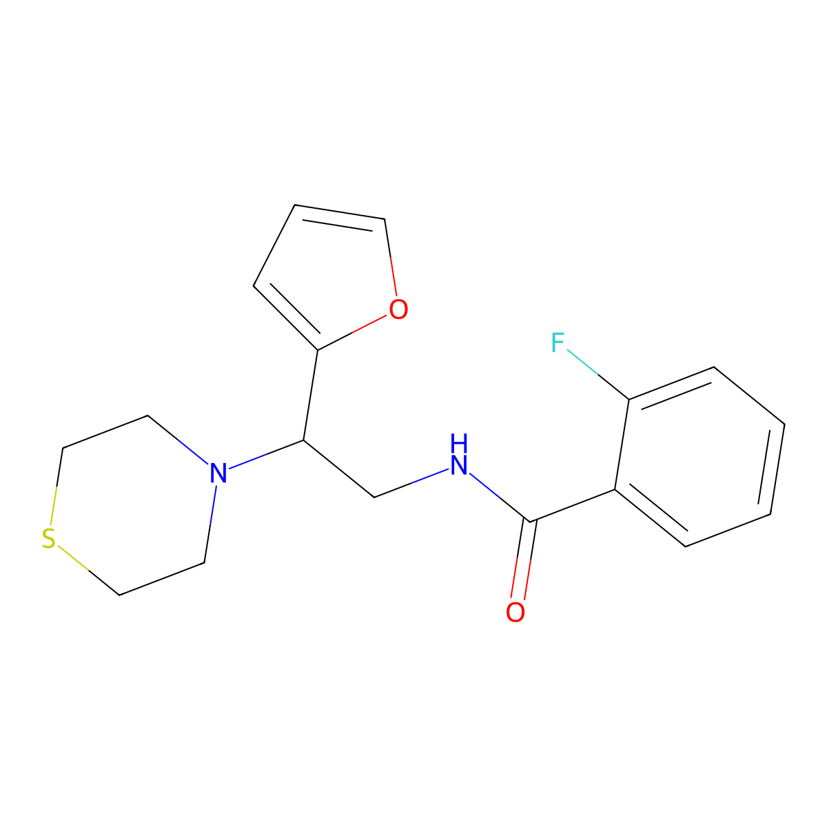 2-fluoro-N-(2-(furan-2-yl)-2-thiomorpholinoethyl)benzamide molecular structure, CAS 2034574-46-2
