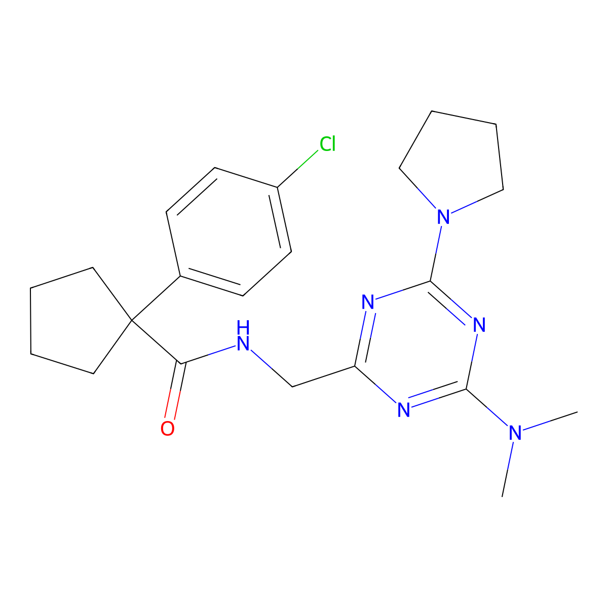 1-(4-chlorophenyl)-N-((4-(dimethylamino)-6-(pyrrolidin-1-yl)-1,3,5-triazin-2-yl)methyl)cyclopentanecarboxamide molecular structure, CAS 2034574-47-3
