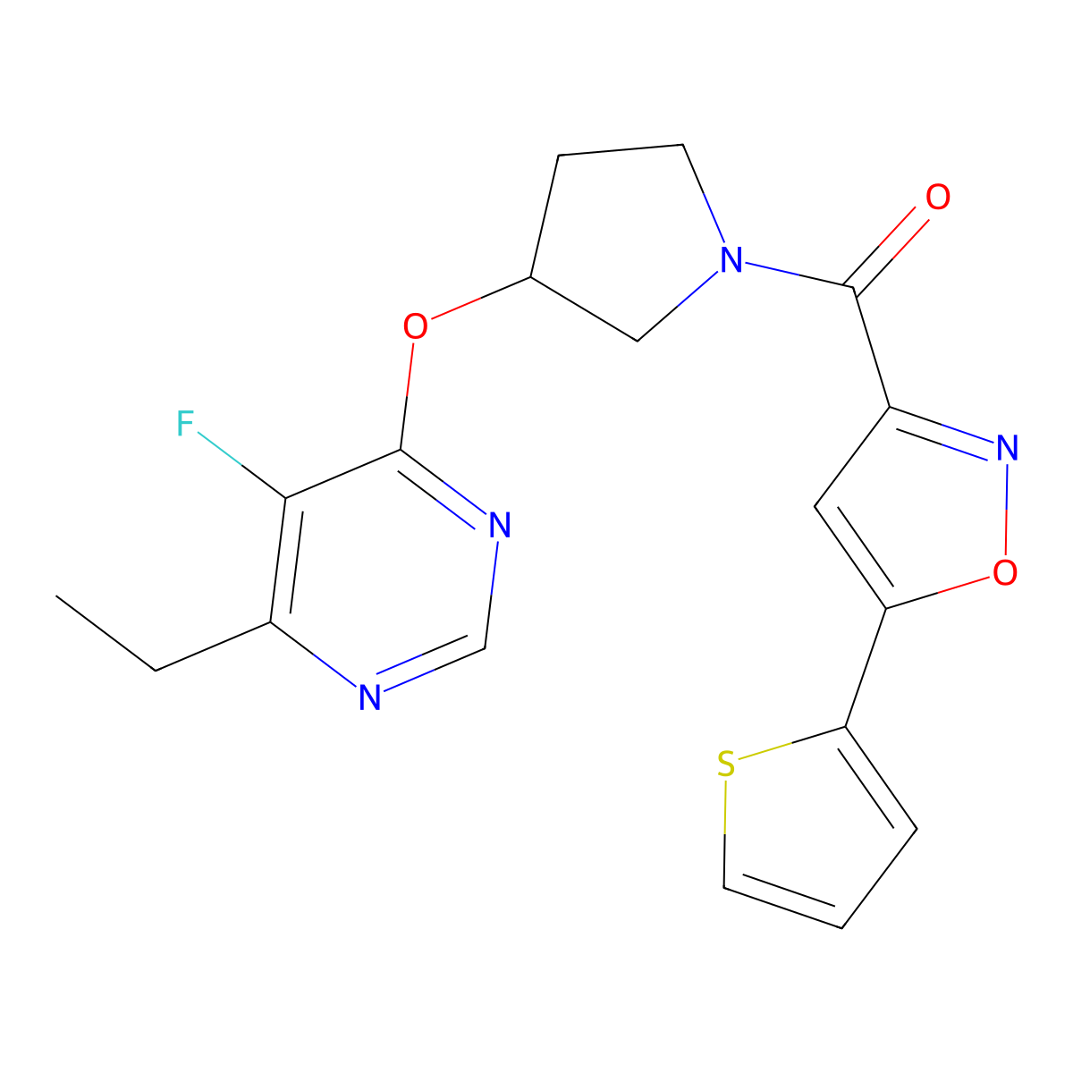 (3-((6-Ethyl-5-fluoropyrimidin-4-yl)oxy)pyrrolidin-1-yl)(5-(thiophen-2-yl)isoxazol-3-yl)methanone molecular structure, CAS 2034574-48-4