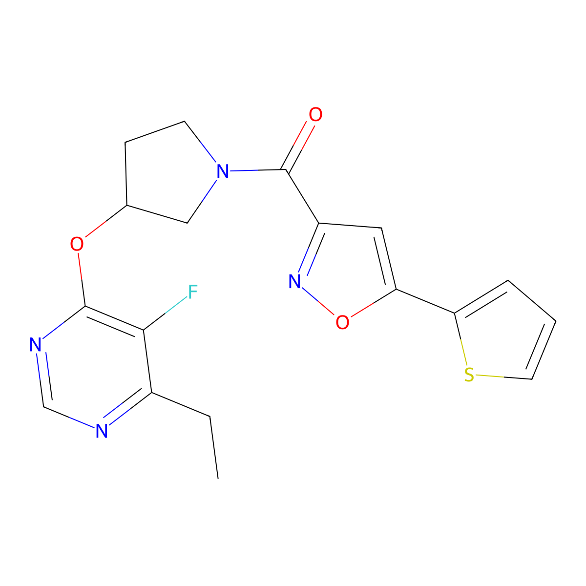 (3-((6-Ethyl-5-fluoropyrimidin-4-yl)oxy)pyrrolidin-1-yl)(5-(thiophen-2-yl)isoxazol-3-yl)methanone molecular structure, CAS 2034574-48-4