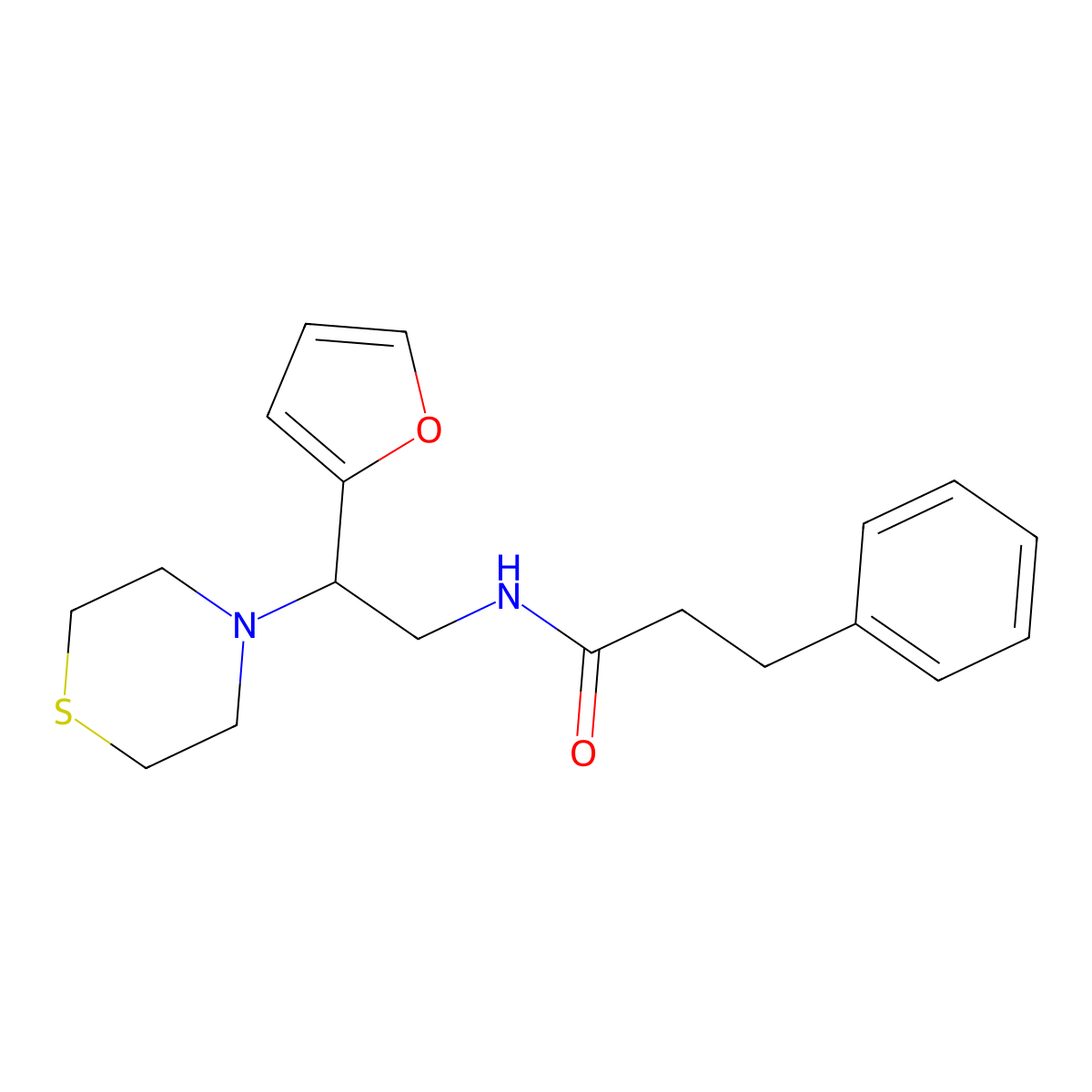 N-(2-(furan-2-yl)-2-thiomorpholinoethyl)-3-phenylpropanamide molecular structure, CAS 2034574-50-8