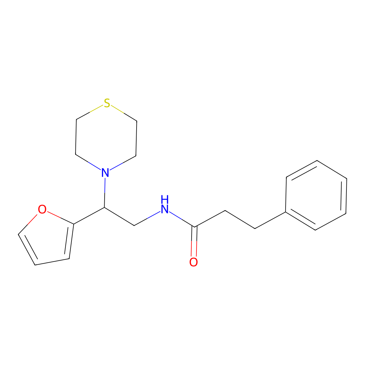 N-(2-(furan-2-yl)-2-thiomorpholinoethyl)-3-phenylpropanamide molecular structure, CAS 2034574-50-8