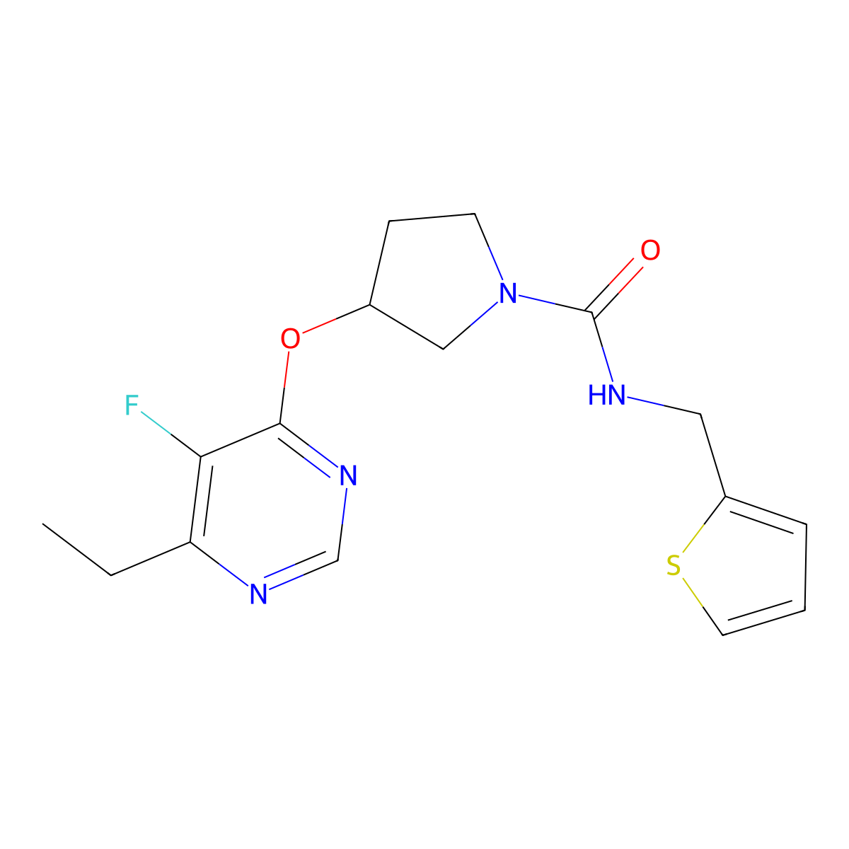 3-((6-ethyl-5-fluoropyrimidin-4-yl)oxy)-N-(thiophen-2-ylmethyl)pyrrolidine-1-carboxamide molecular structure, CAS 2034574-54-2