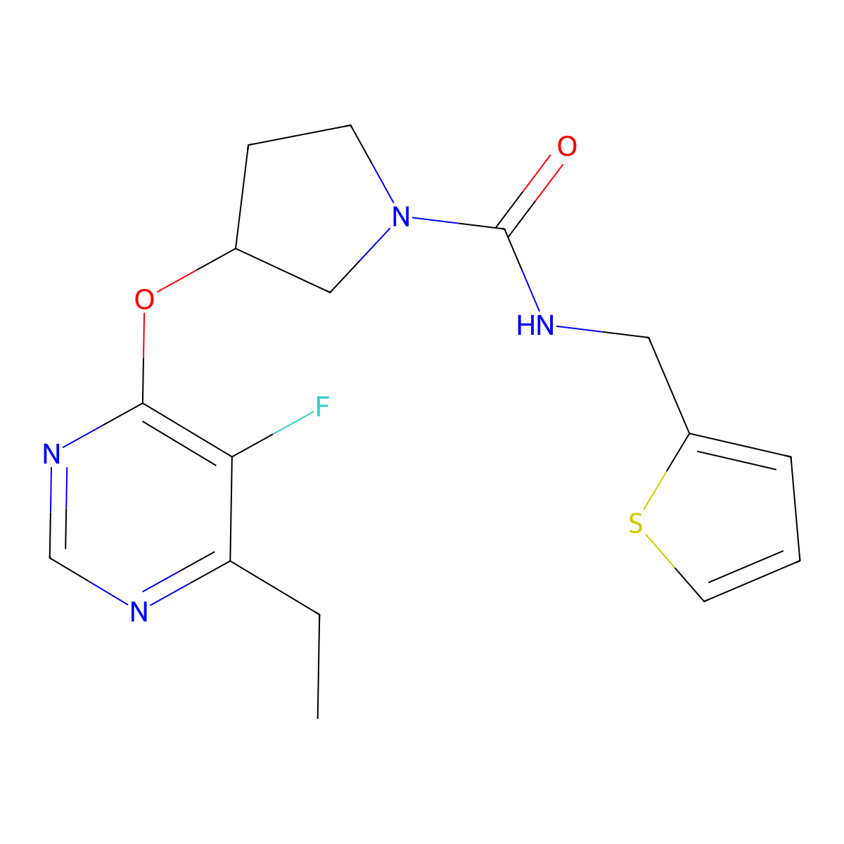 3-((6-ethyl-5-fluoropyrimidin-4-yl)oxy)-N-(thiophen-2-ylmethyl)pyrrolidine-1-carboxamide molecular structure, CAS 2034574-54-2