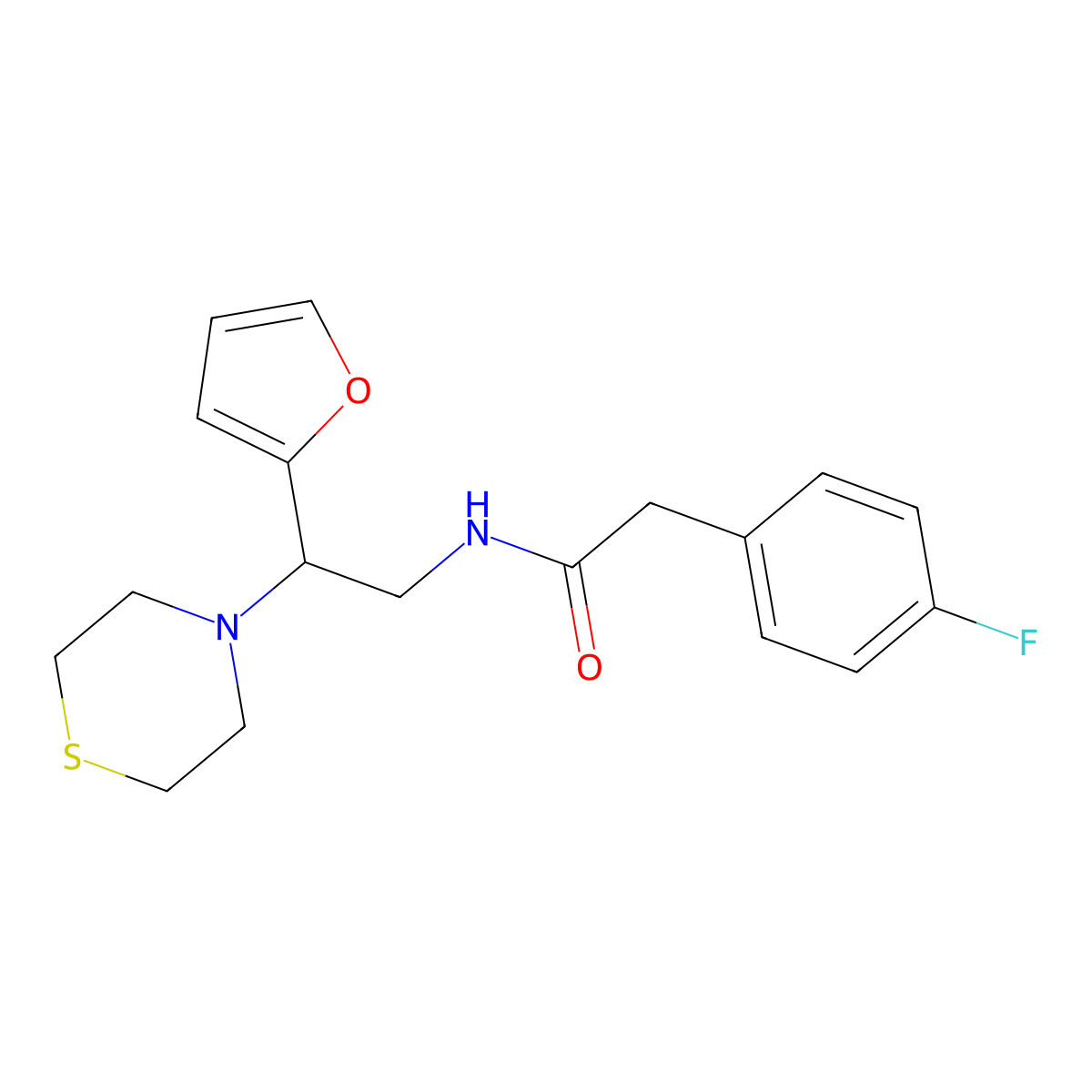 2-(4-fluorophenyl)-N-(2-(furan-2-yl)-2-thiomorpholinoethyl)acetamide molecular structure, CAS 2034574-55-3