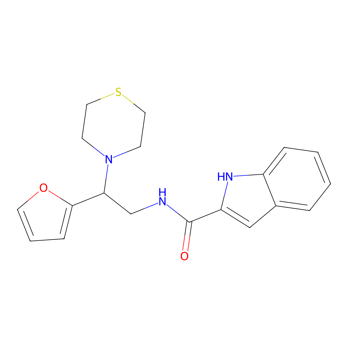 N-(2-(furan-2-yl)-2-thiomorpholinoethyl)-1H-indole-2-carboxamide molecular structure, CAS 2034574-57-5