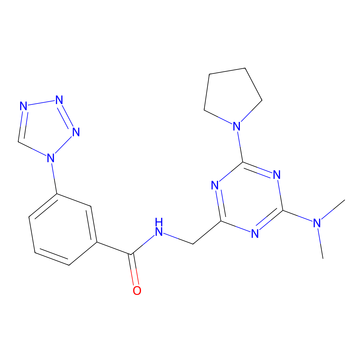 N-((4-(dimethylamino)-6-(pyrrolidin-1-yl)-1,3,5-triazin-2-yl)methyl)-3-(1H-tetrazol-1-yl)benzamide molecular structure, CAS 2034574-68-8