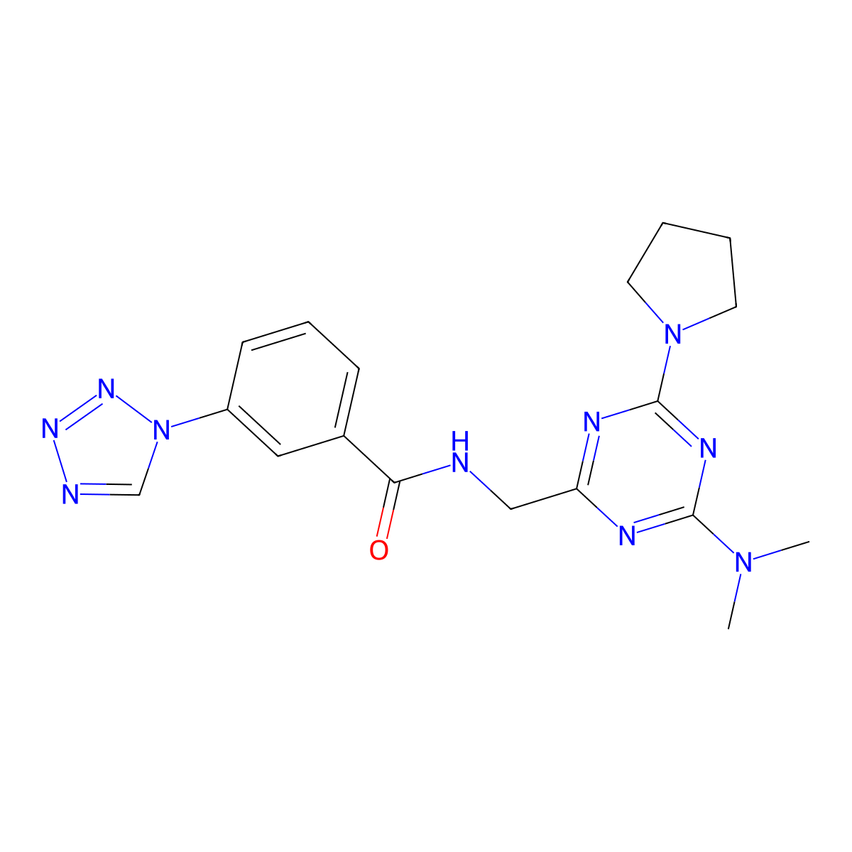 N-((4-(dimethylamino)-6-(pyrrolidin-1-yl)-1,3,5-triazin-2-yl)methyl)-3-(1H-tetrazol-1-yl)benzamide molecular structure, CAS 2034574-68-8