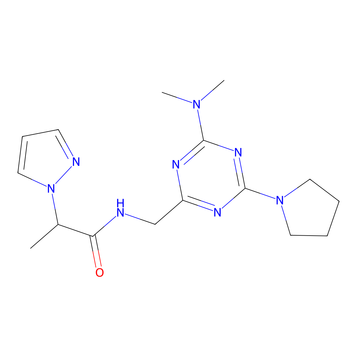 N-{[4-(dimethylamino)-6-(pyrrolidin-1-yl)-1,3,5-triazin-2-yl]methyl}-2-(1H-pyrazol-1-yl)propanamide molecular structure, CAS 2034574-73-5