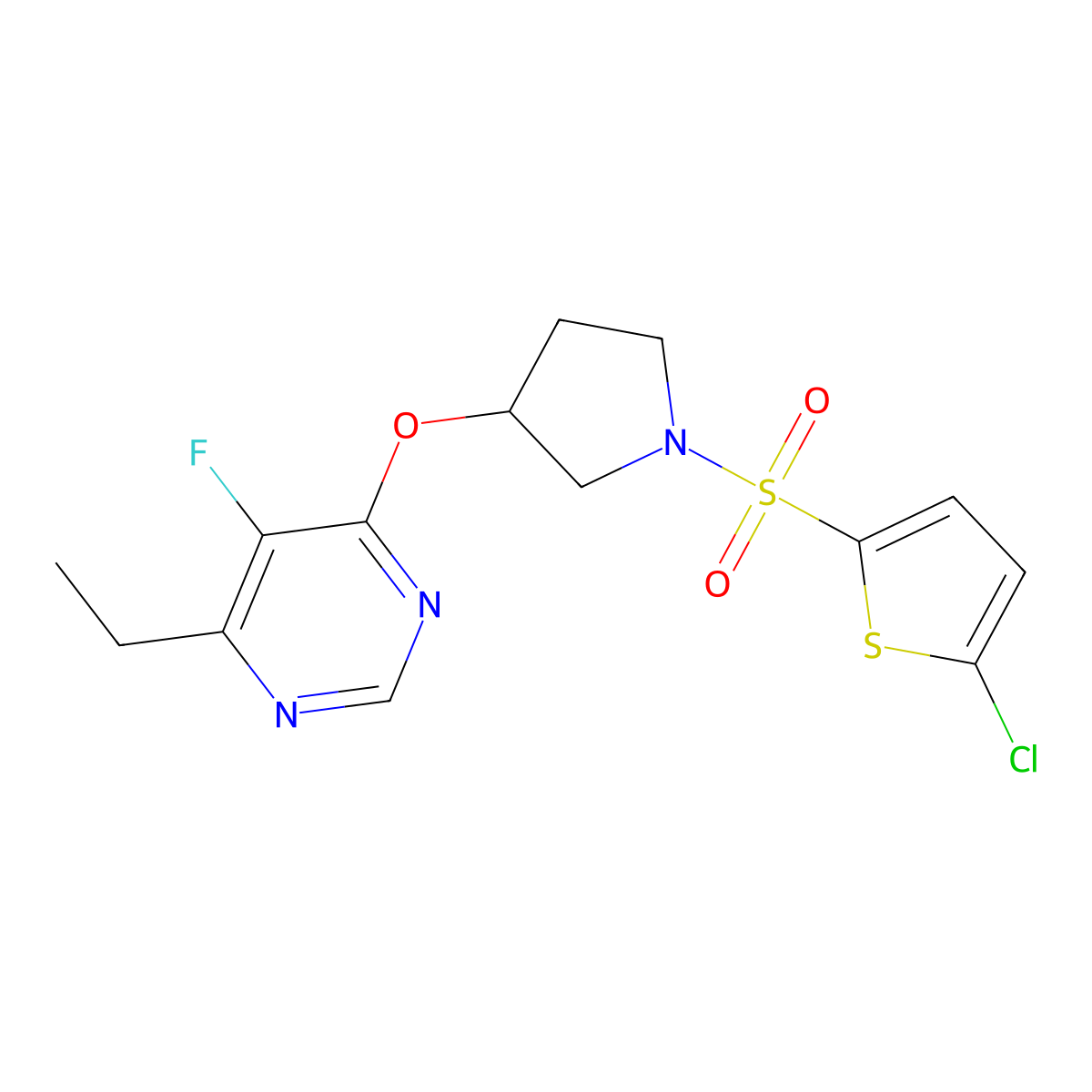 4-((1-((5-Chlorothiophen-2-yl)sulfonyl)pyrrolidin-3-yl)oxy)-6-ethyl-5-fluoropyrimidine molecular structure, CAS 2034574-76-8