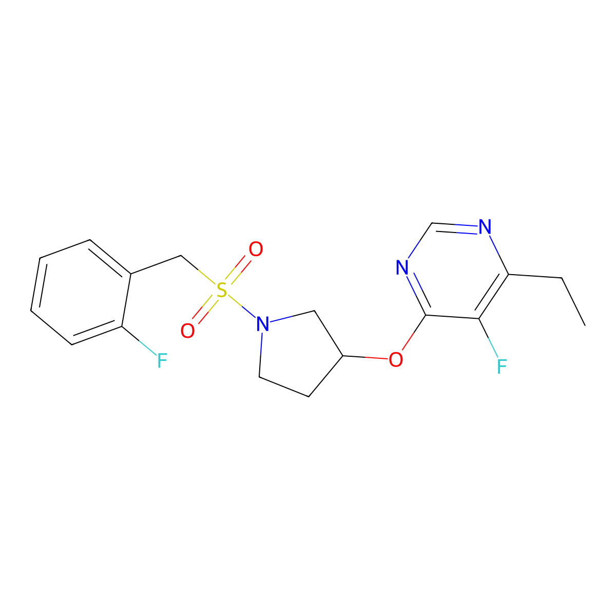 4-Ethyl-5-fluoro-6-({1-[(2-fluorophenyl)methanesulfonyl]pyrrolidin-3-yl}oxy)pyrimidine molecular structure, CAS 2034574-94-0