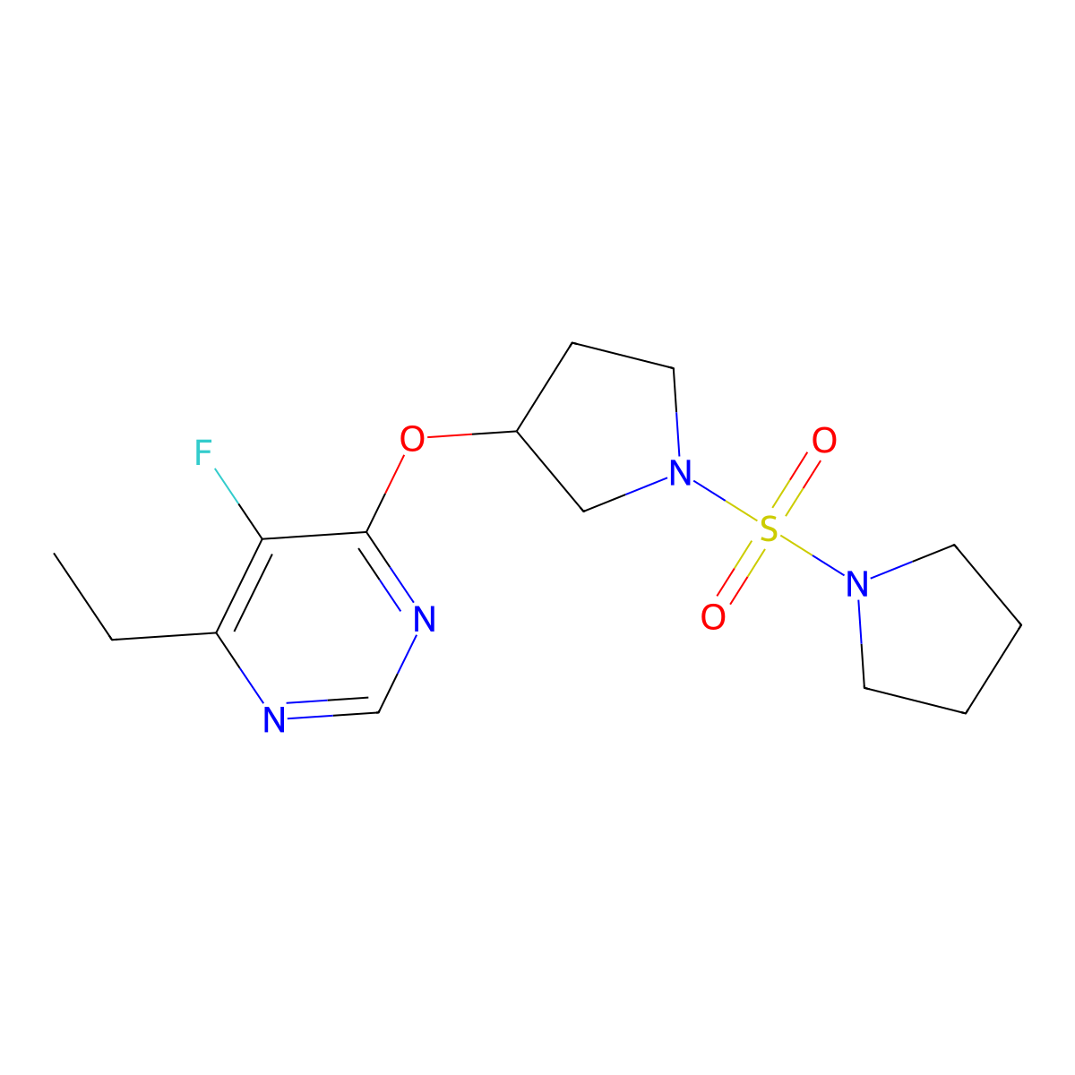 4-Ethyl-5-fluoro-6-{[1-(pyrrolidine-1-sulfonyl)pyrrolidin-3-yl]oxy}pyrimidine molecular structure, CAS 2034575-01-2