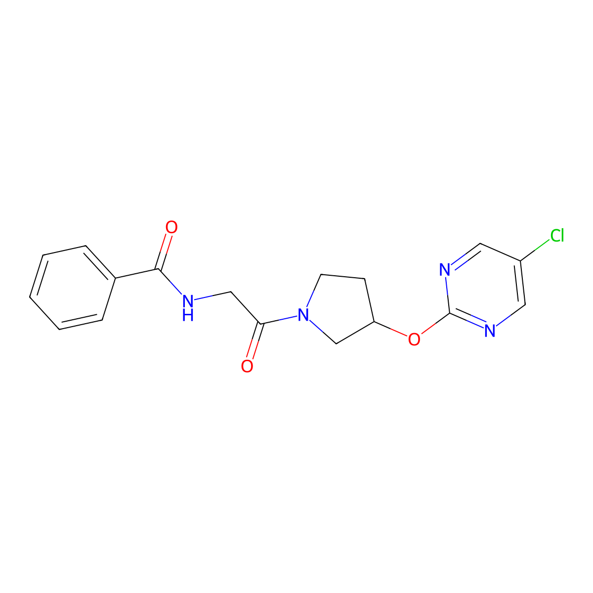 N-(2-(3-((5-chloropyrimidin-2-yl)oxy)pyrrolidin-1-yl)-2-oxoethyl)benzamide molecular structure, CAS 2034575-09-0