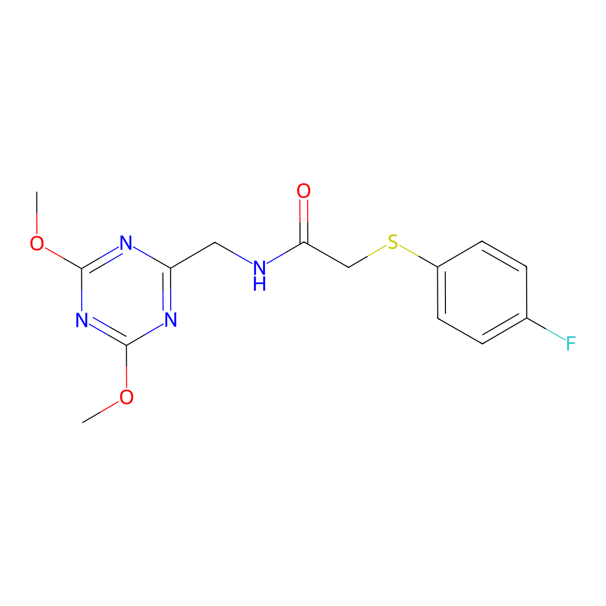 N-((4,6-dimethoxy-1,3,5-triazin-2-yl)methyl)-2-((4-fluorophenyl)thio)acetamide molecular structure, CAS 2034575-23-8