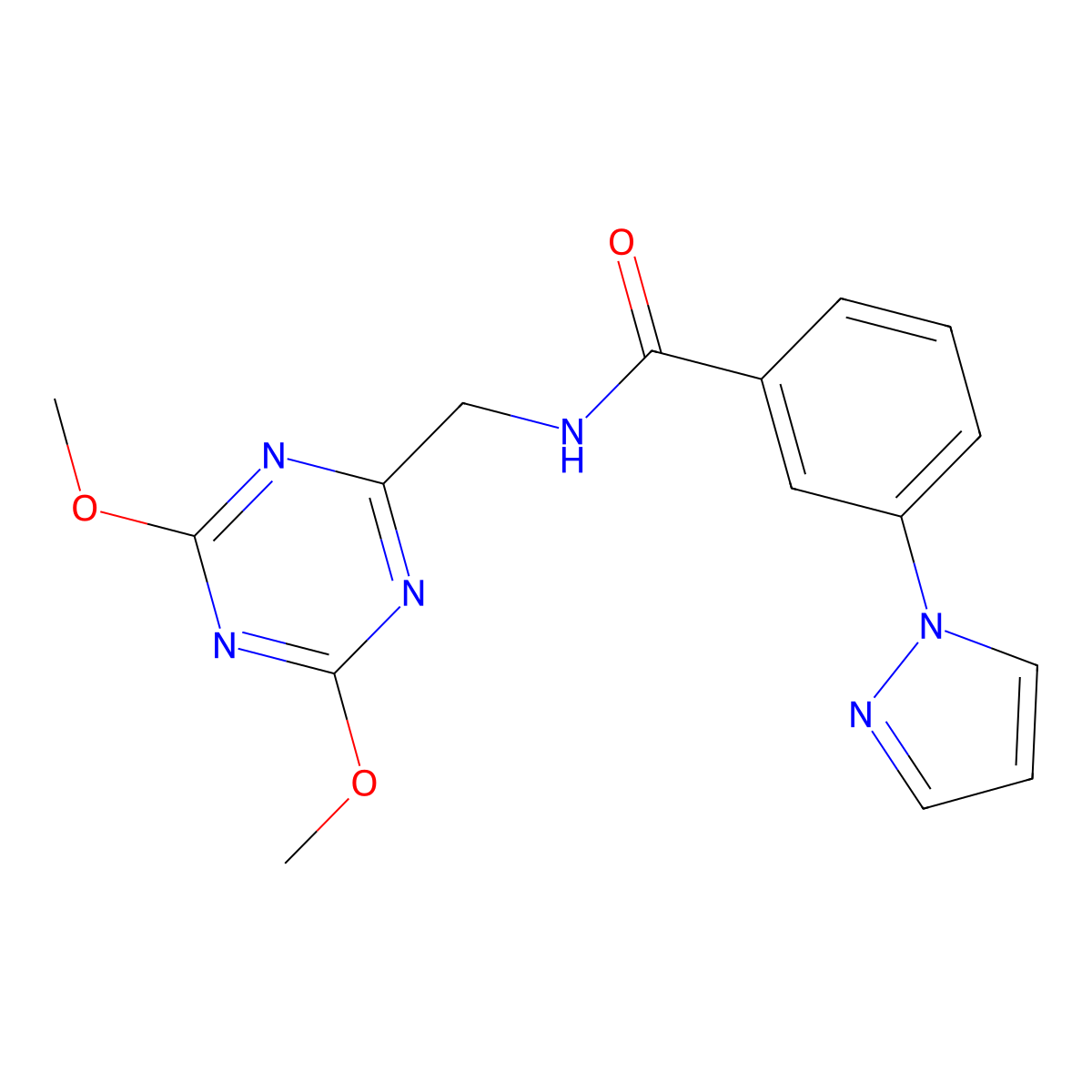 N-((4,6-dimethoxy-1,3,5-triazin-2-yl)methyl)-3-(1H-pyrazol-1-yl)benzamide molecular structure, CAS 2034575-37-4