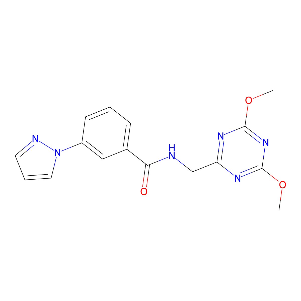 N-((4,6-dimethoxy-1,3,5-triazin-2-yl)methyl)-3-(1H-pyrazol-1-yl)benzamide molecular structure, CAS 2034575-37-4