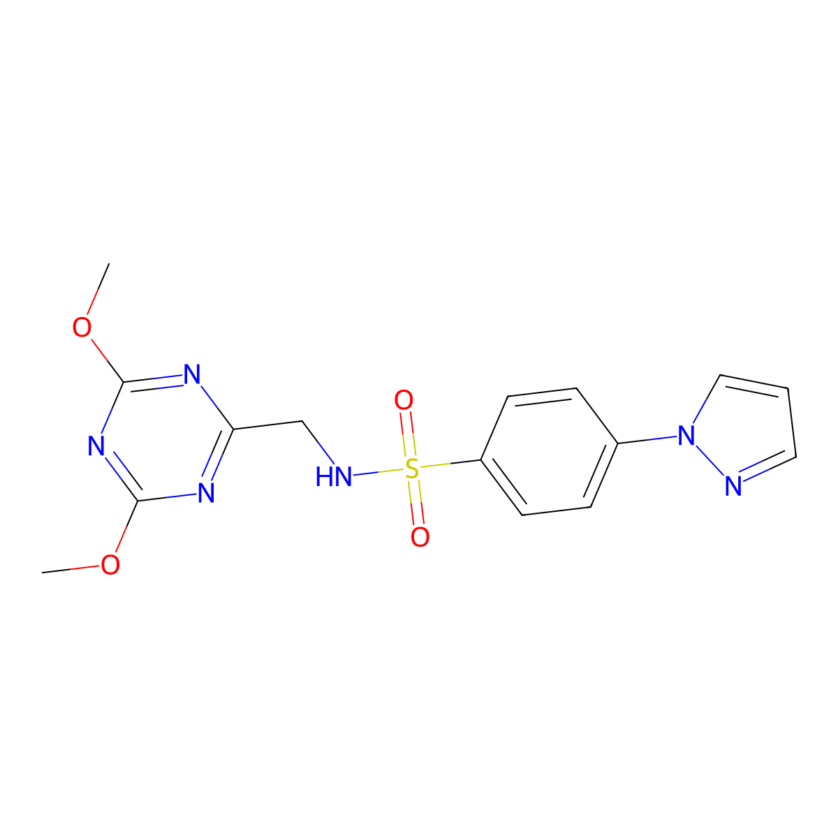 N-((4,6-dimethoxy-1,3,5-triazin-2-yl)methyl)-4-(1H-pyrazol-1-yl)benzenesulfonamide molecular structure, CAS 2034575-46-5