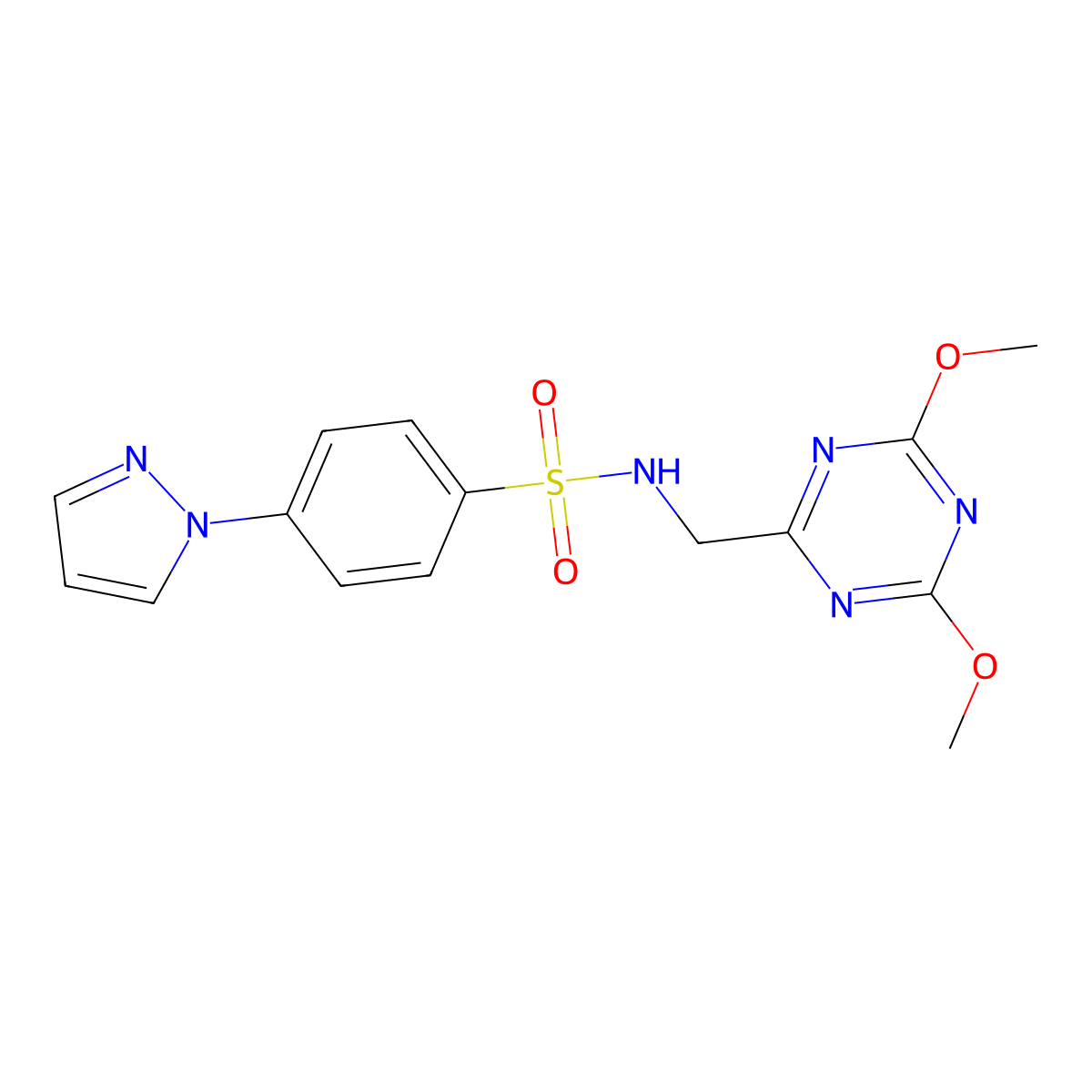 N-((4,6-dimethoxy-1,3,5-triazin-2-yl)methyl)-4-(1H-pyrazol-1-yl)benzenesulfonamide molecular structure, CAS 2034575-46-5
