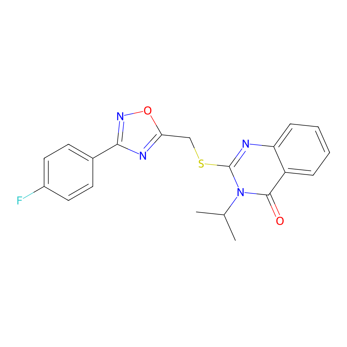 2-(((3-(4-fluorophenyl)-1,2,4-oxadiazol-5-yl)methyl)thio)-3-isopropylquinazolin-4(3H)-one molecular structure, CAS 2034575-63-6