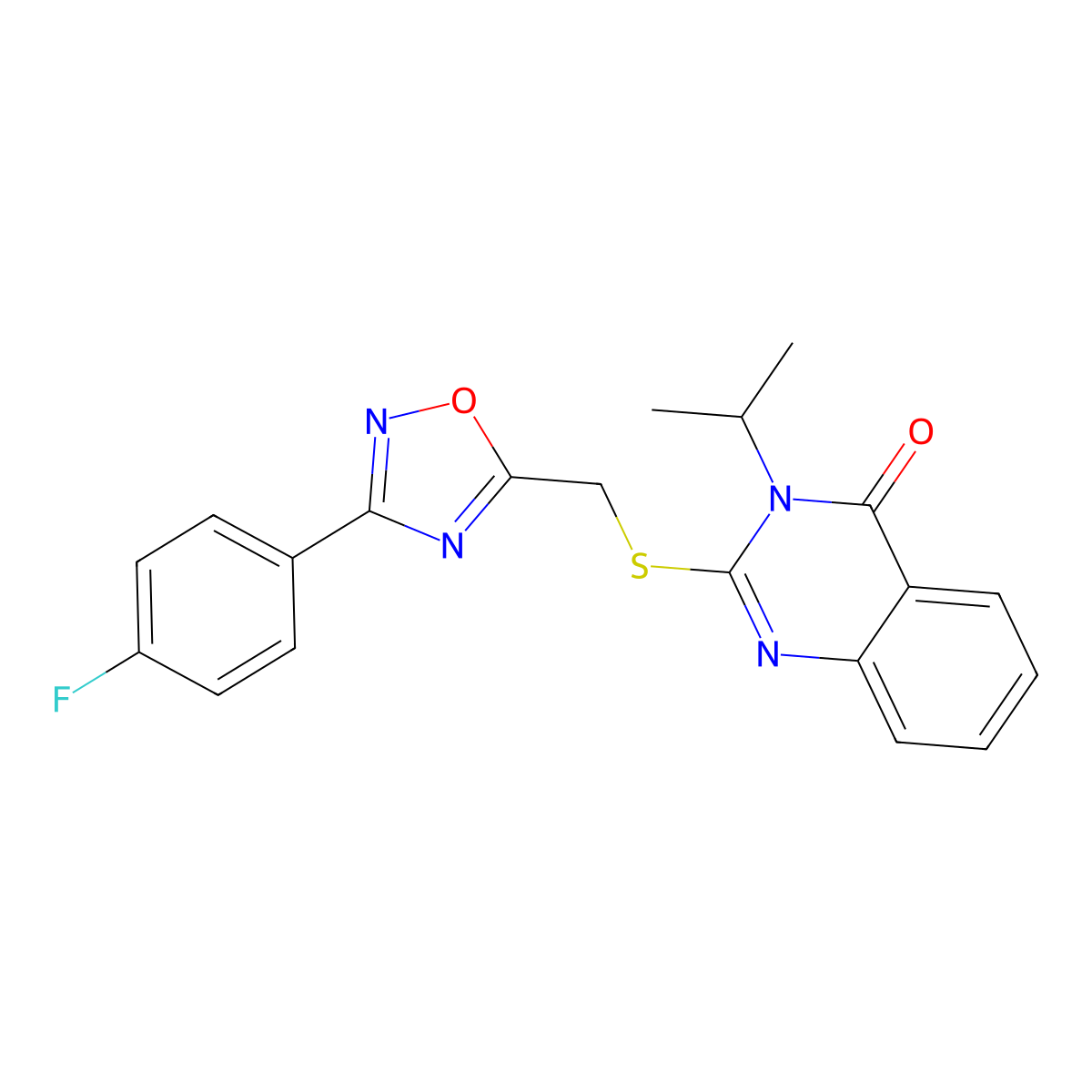 2-(((3-(4-fluorophenyl)-1,2,4-oxadiazol-5-yl)methyl)thio)-3-isopropylquinazolin-4(3H)-one molecular structure, CAS 2034575-63-6