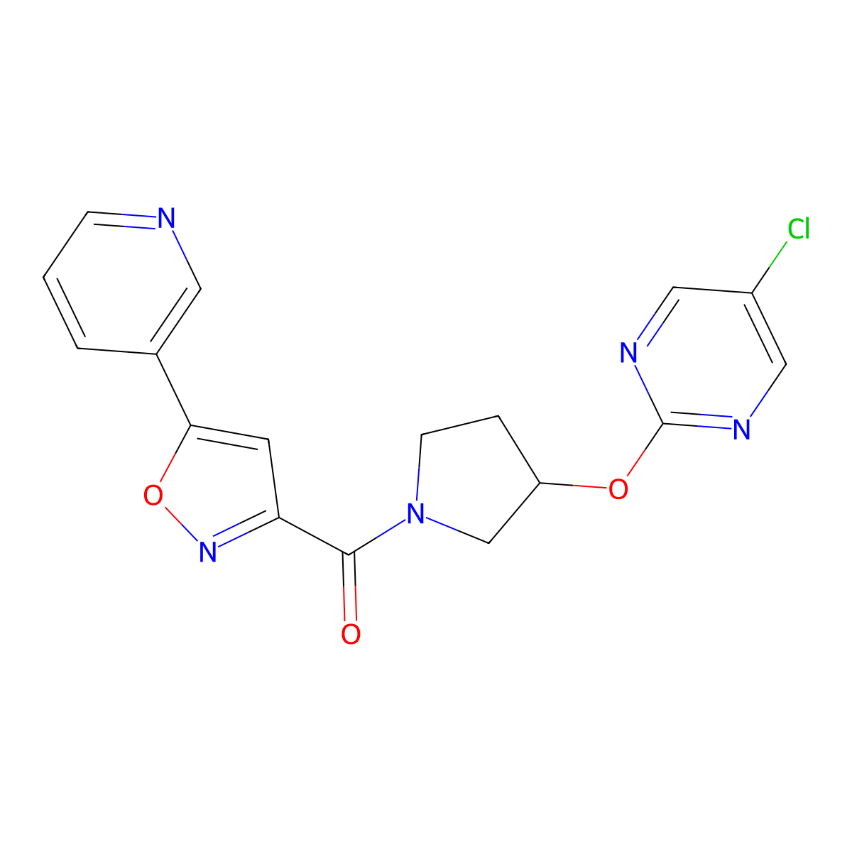 (3-((5-Chloropyrimidin-2-yl)oxy)pyrrolidin-1-yl)(5-(pyridin-3-yl)isoxazol-3-yl)methanone molecular structure, CAS 2034575-65-8