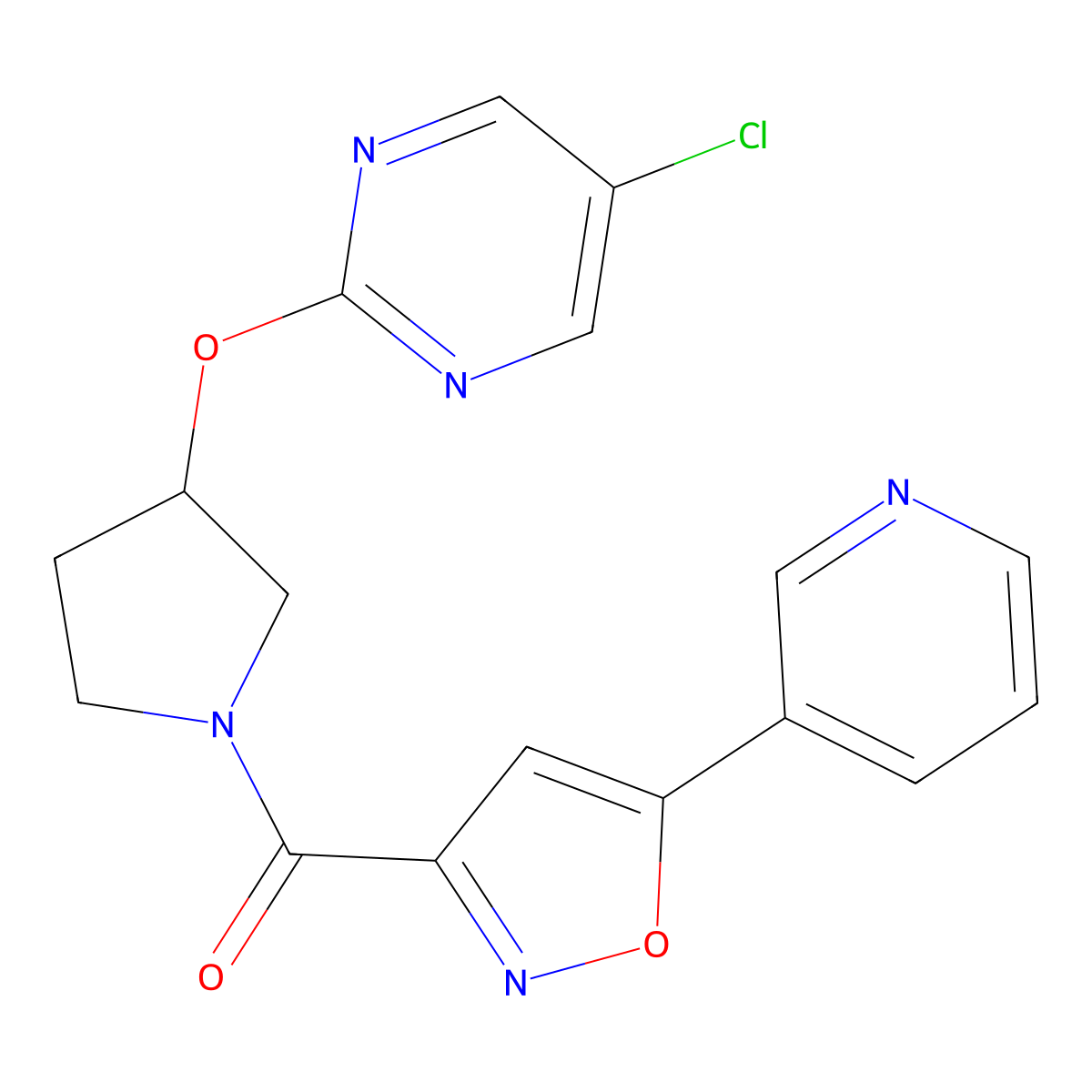 (3-((5-Chloropyrimidin-2-yl)oxy)pyrrolidin-1-yl)(5-(pyridin-3-yl)isoxazol-3-yl)methanone molecular structure, CAS 2034575-65-8