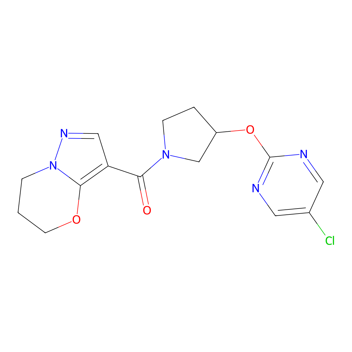 (3-((5-chloropyrimidin-2-yl)oxy)pyrrolidin-1-yl)(6,7-dihydro-5H-pyrazolo[5,1-b][1,3]oxazin-3-yl)methanone molecular structure, CAS 2034575-71-6