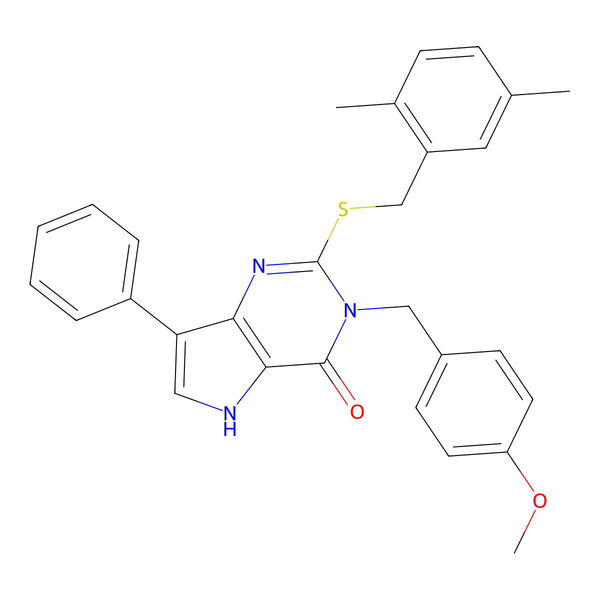 2-((2,5-dimethylbenzyl)thio)-3-(4-methoxybenzyl)-7-phenyl-3H-pyrrolo[3,2-d]pyrimidin-4(5H)-one molecular structure, CAS 2034575-78-3