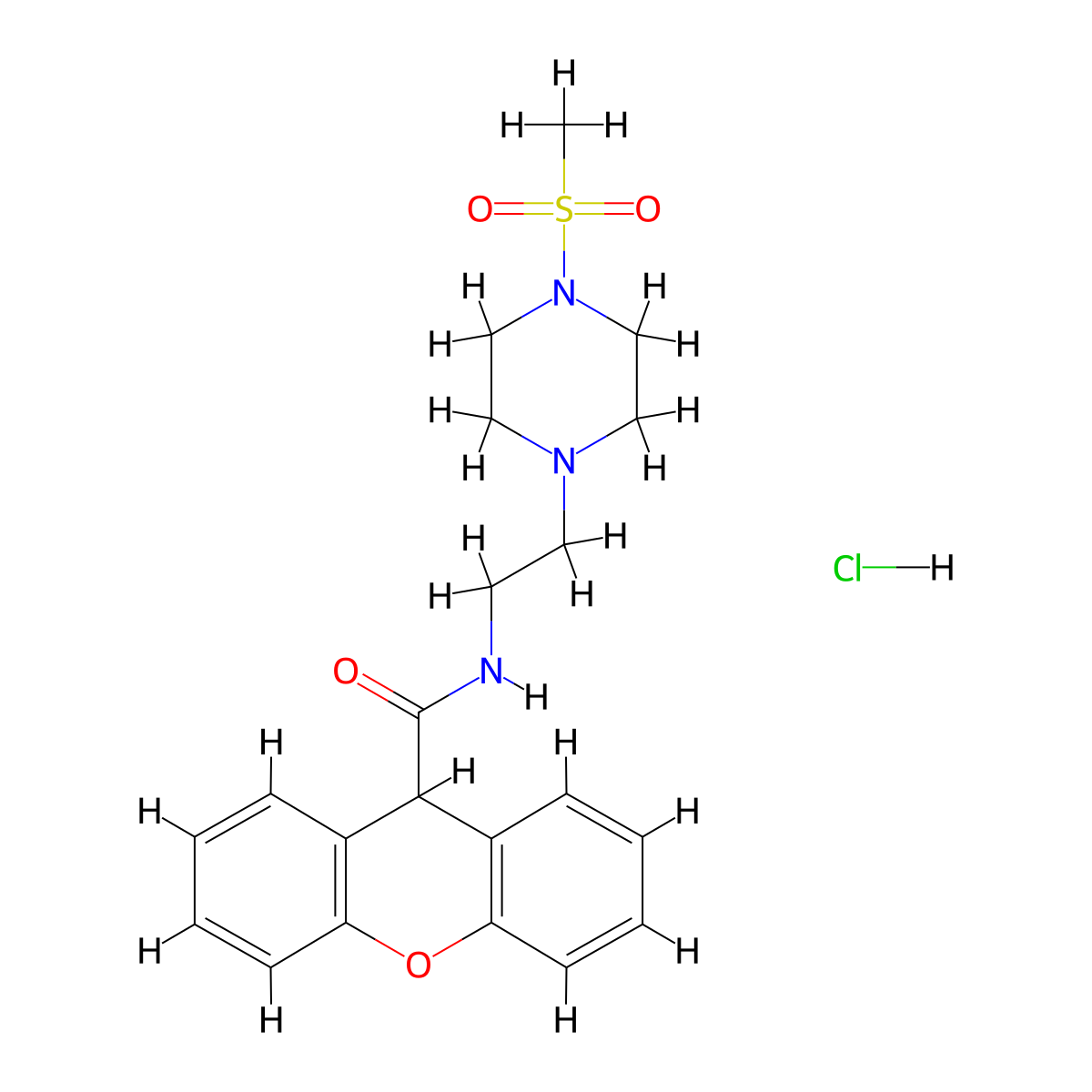 N-(2-(4-(methylsulfonyl)piperazin-1-yl)ethyl)-9H-xanthene-9-carboxamide hydrochloride molecular structure, CAS 2034575-92-1