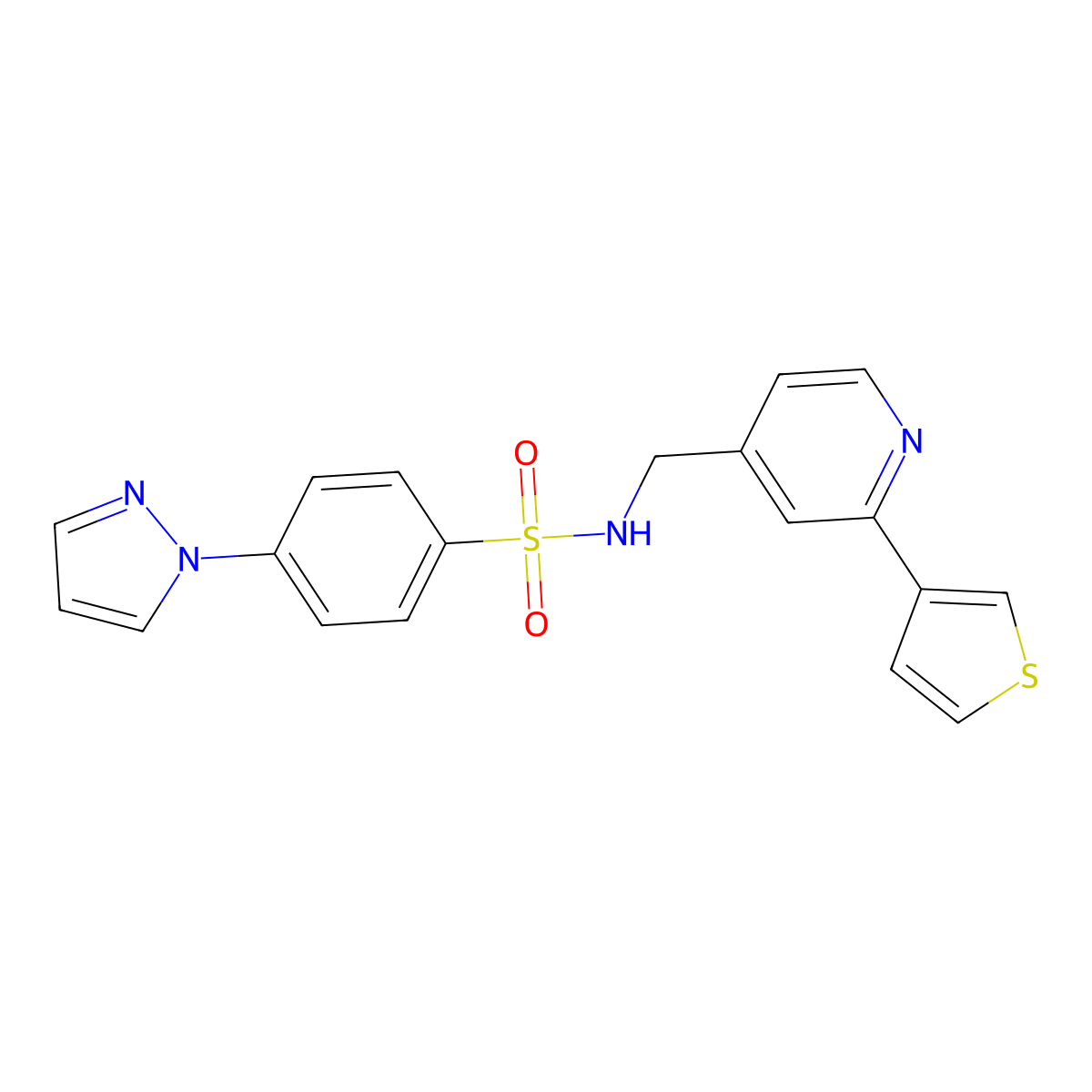 4-(1H-pyrazol-1-yl)-N-((2-(thiophen-3-yl)pyridin-4-yl)methyl)benzenesulfonamide molecular structure, CAS 2034575-94-3