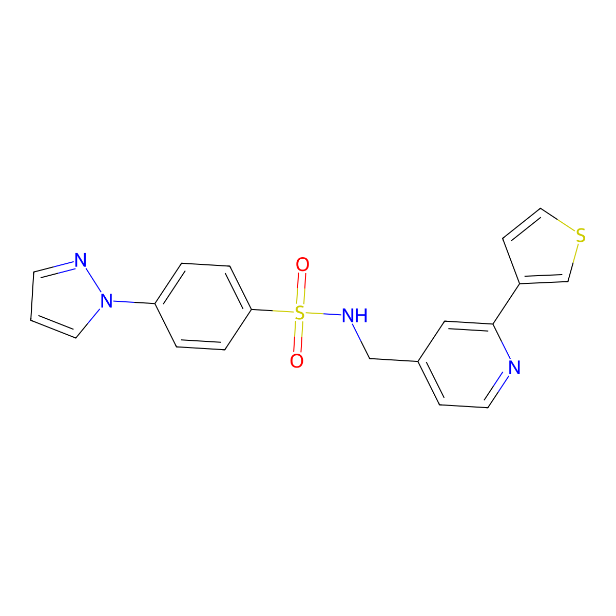 4-(1H-pyrazol-1-yl)-N-((2-(thiophen-3-yl)pyridin-4-yl)methyl)benzenesulfonamide molecular structure, CAS 2034575-94-3