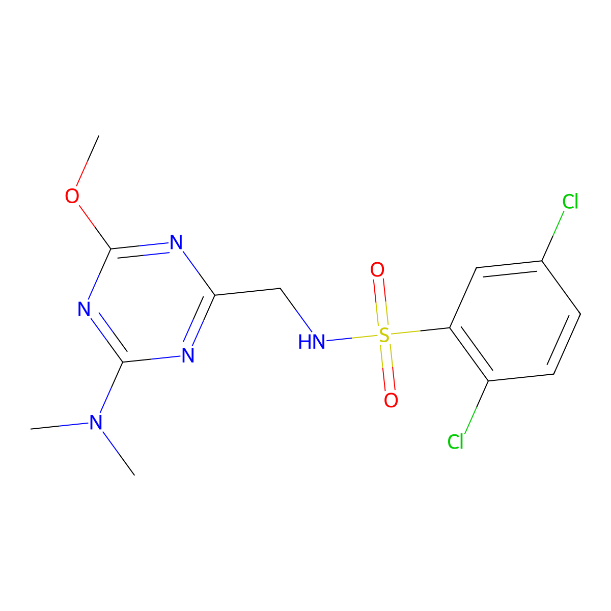2,5-dichloro-N-((4-(dimethylamino)-6-methoxy-1,3,5-triazin-2-yl)methyl)benzenesulfonamide molecular structure, CAS 2034575-98-7