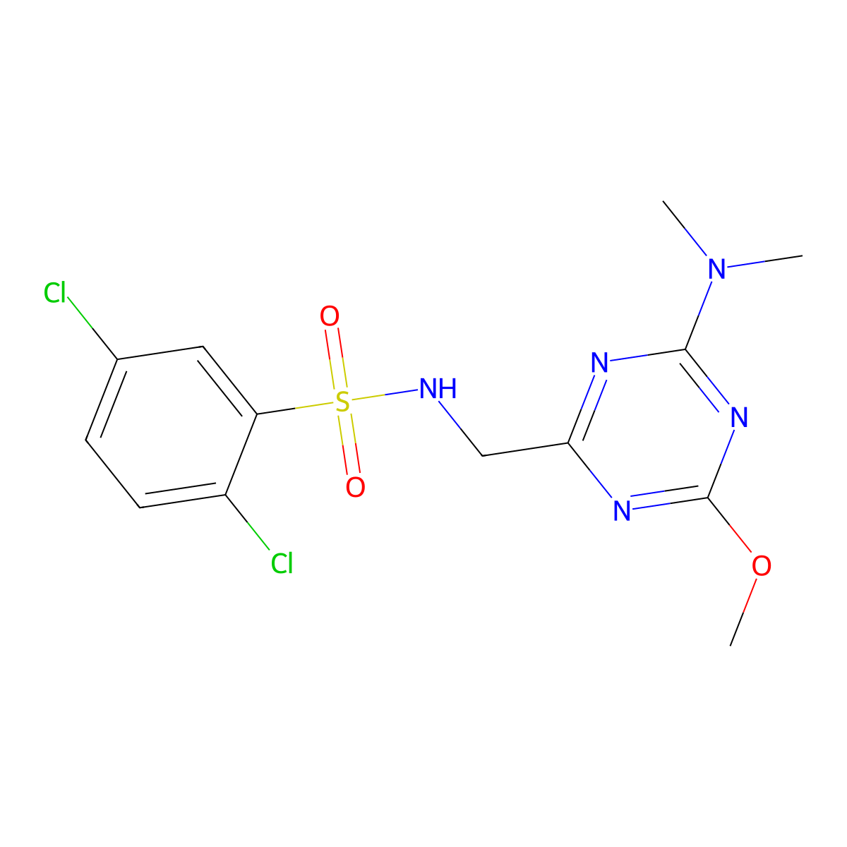 2,5-dichloro-N-((4-(dimethylamino)-6-methoxy-1,3,5-triazin-2-yl)methyl)benzenesulfonamide molecular structure, CAS 2034575-98-7