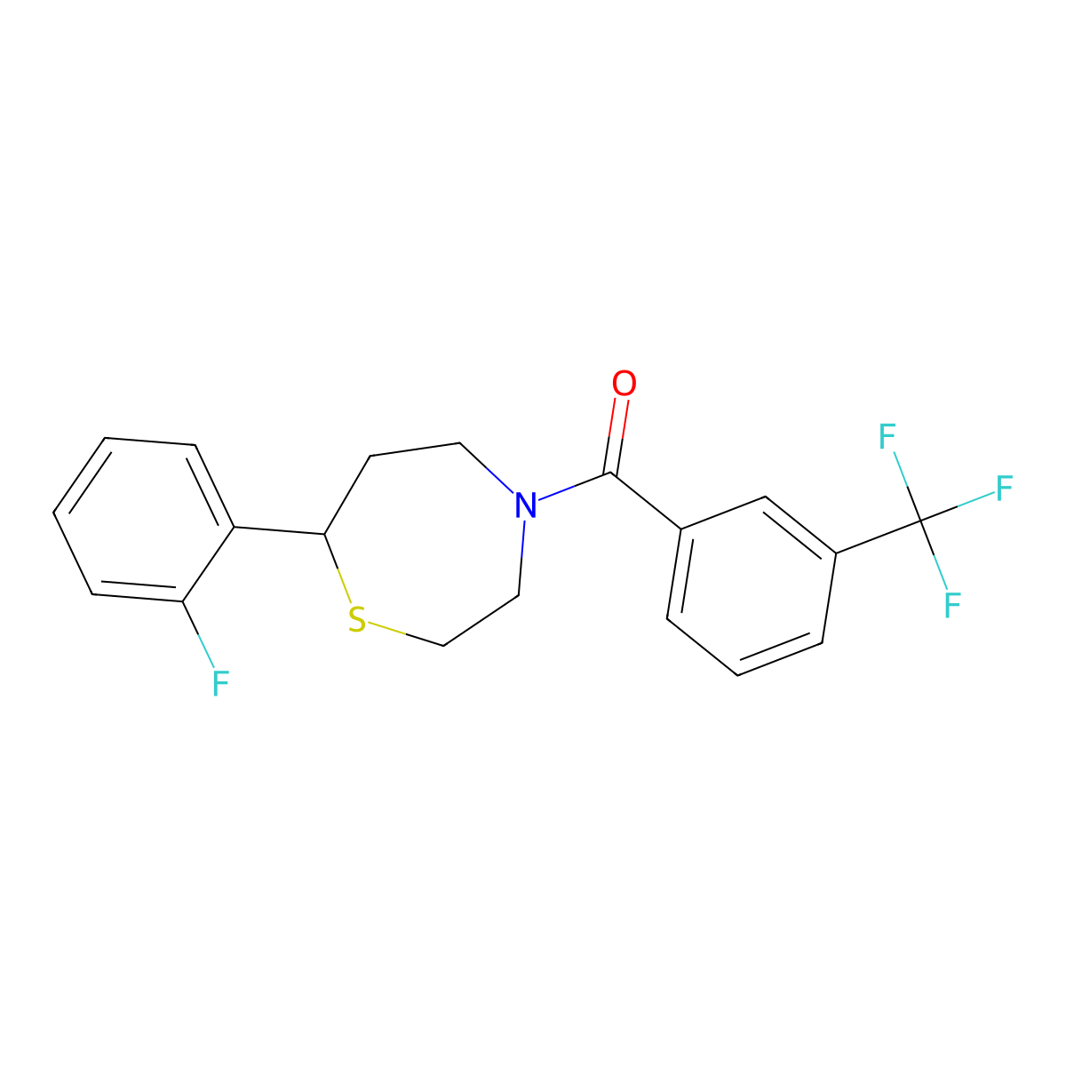 (7-(2-Fluorophenyl)-1,4-thiazepan-4-yl)(3-(trifluoromethyl)phenyl)methanone molecular structure, CAS 2034576-02-6
