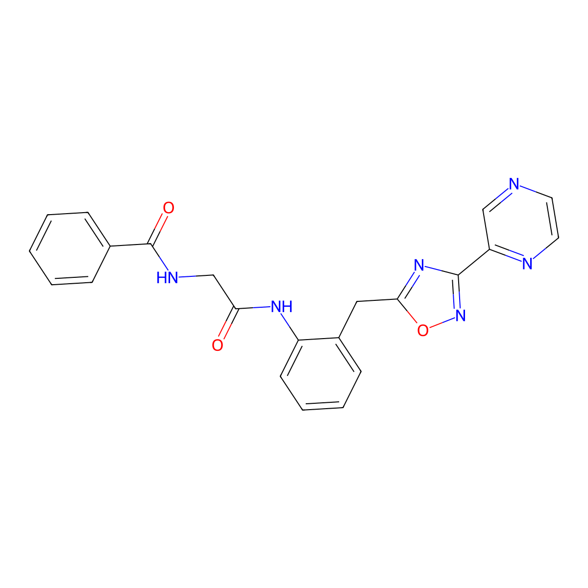 N-(2-oxo-2-((2-((3-(pyrazin-2-yl)-1,2,4-oxadiazol-5-yl)methyl)phenyl)amino)ethyl)benzamide molecular structure, CAS 2034576-03-7