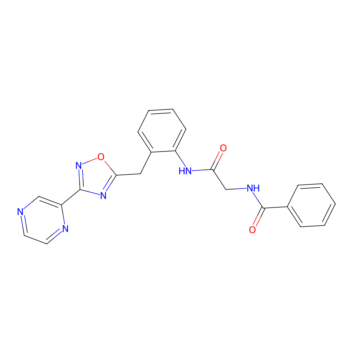 N-(2-oxo-2-((2-((3-(pyrazin-2-yl)-1,2,4-oxadiazol-5-yl)methyl)phenyl)amino)ethyl)benzamide molecular structure, CAS 2034576-03-7