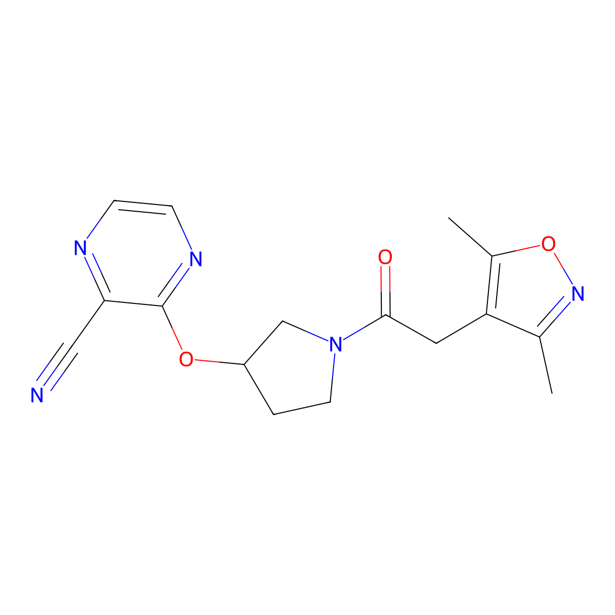 3-((1-(2-(3,5-Dimethylisoxazol-4-yl)acetyl)pyrrolidin-3-yl)oxy)pyrazine-2-carbonitrile molecular structure, CAS 2034576-11-7
