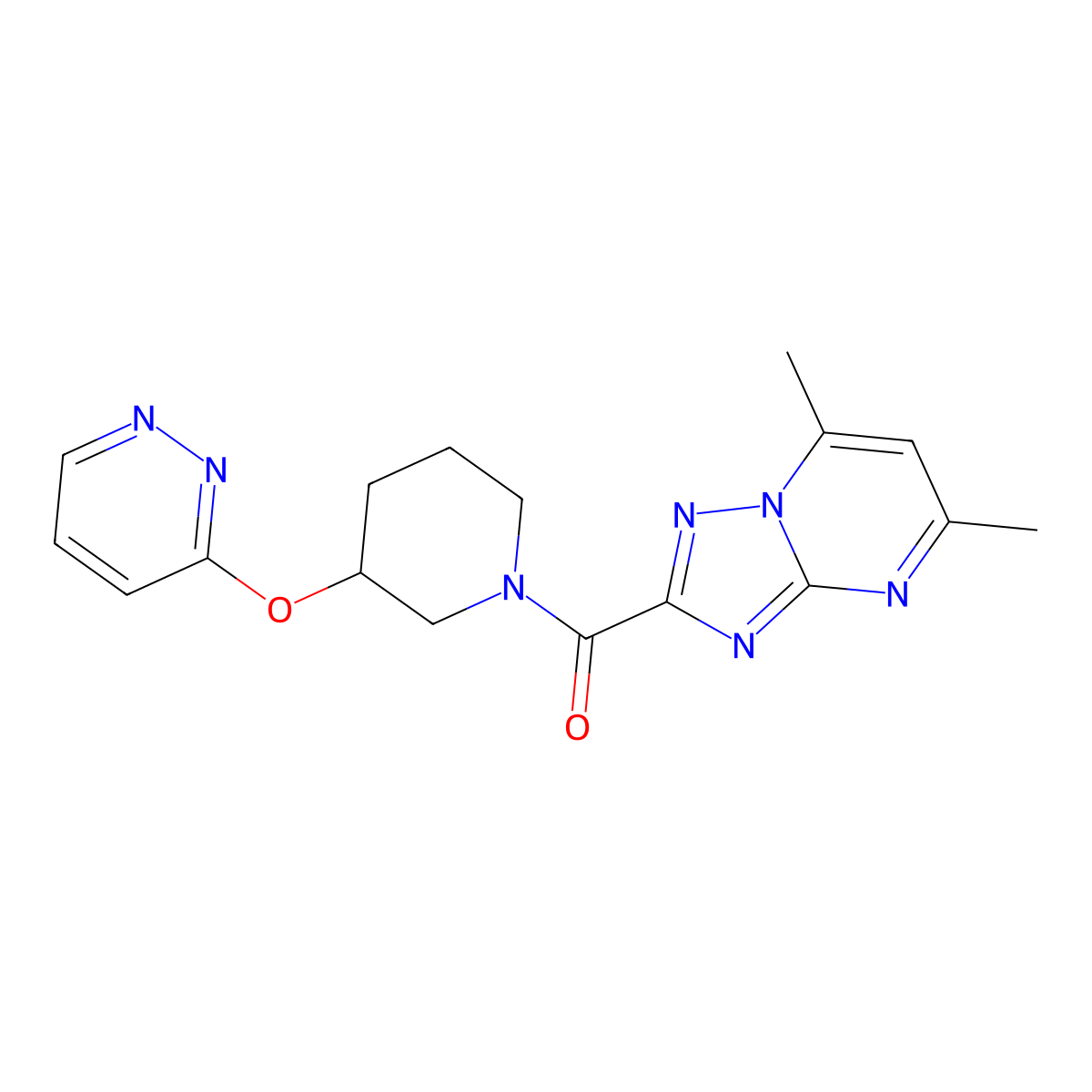(5,7-Dimethyl-[1,2,4]triazolo[1,5-a]pyrimidin-2-yl)(3-(pyridazin-3-yloxy)piperidin-1-yl)methanone molecular structure, CAS 2034576-22-0